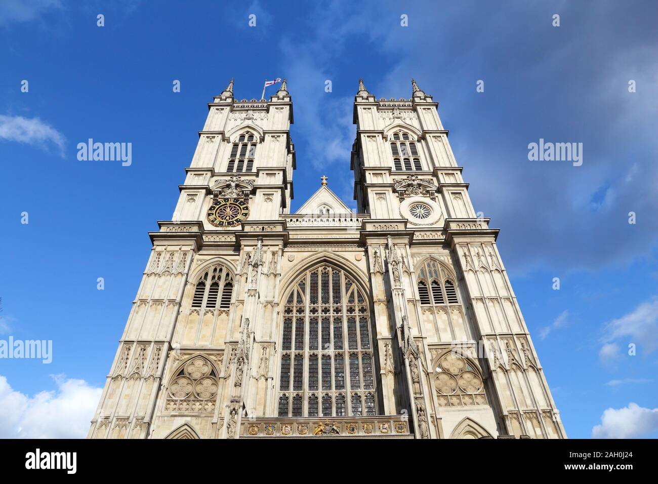 London, Regno Unito - Abbazia di Westminster vista facciata. UNESCO - Sito Patrimonio dell'umanità. Foto Stock