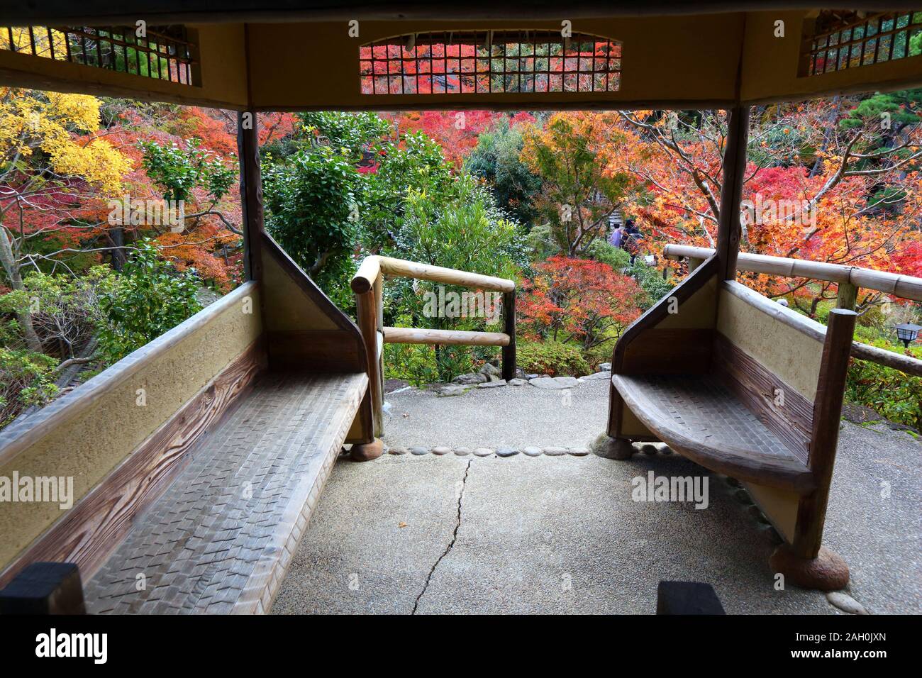 Nara, Giappone. I colori autunnali nel giardino giapponese. Yoshikien Giardino gazebo. Foto Stock