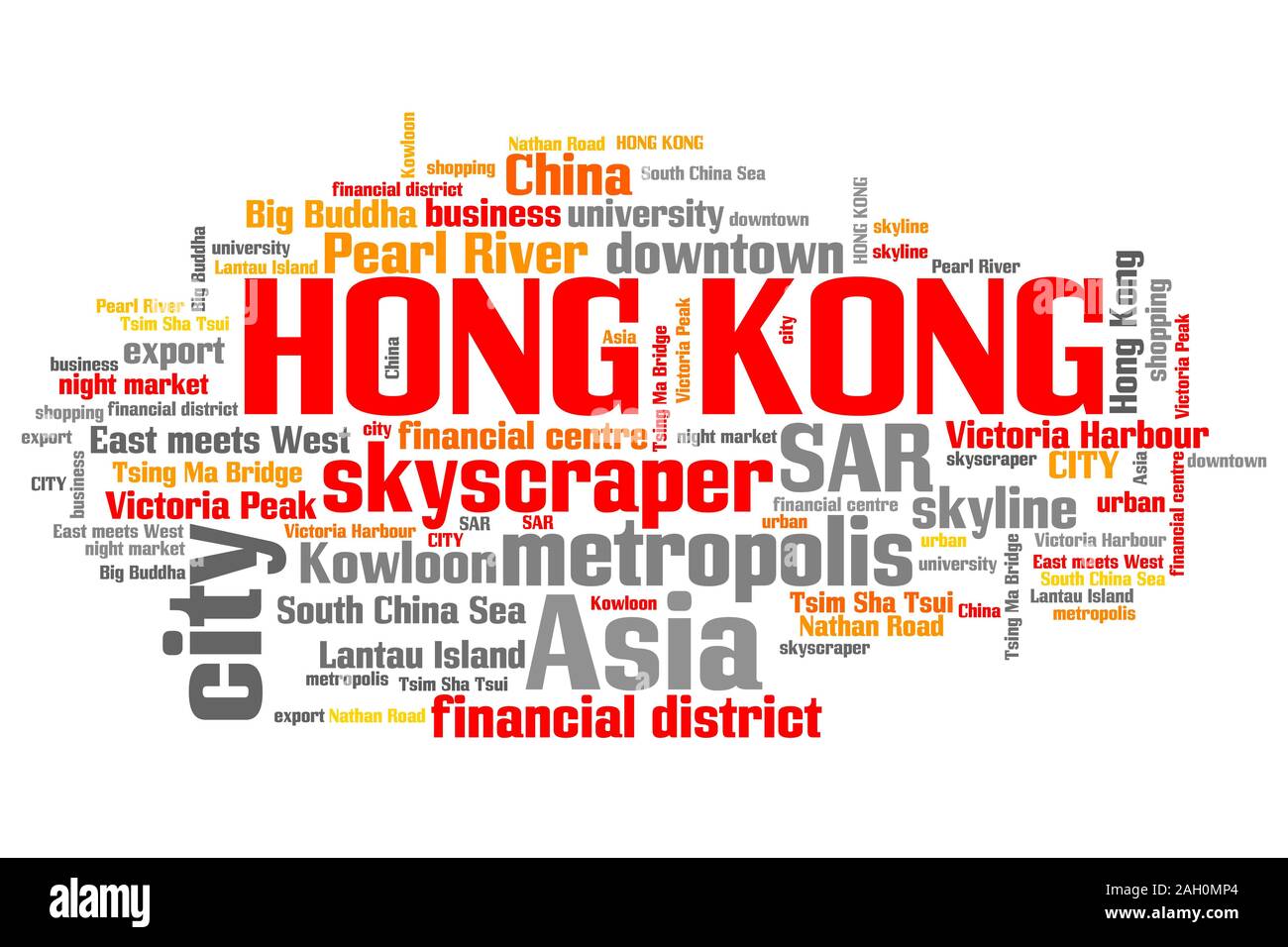 Hong Kong relativi simboli e concetti cloud parola illustrazione. Parola concetto di collage. Foto Stock