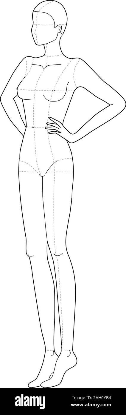 Modello di moda 9 testa per il disegno tecnico con le linee principali e le mani sulla vita. Donna di figura vista laterale. Profilo di vettore ragazza modello modello per schizzo di moda per illustrazione moda. Illustrazione Vettoriale