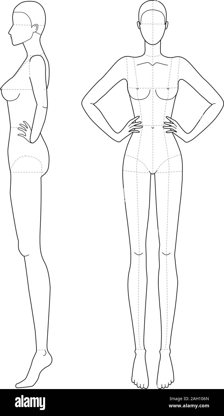 Modello di moda 9 testa per il disegno tecnico con le linee principali e le mani sulla vita. Donna di figura vista anteriore e laterale. Profilo di vettore ragazza modello modello per schizzo di moda per illustrazione moda. Illustrazione Vettoriale
