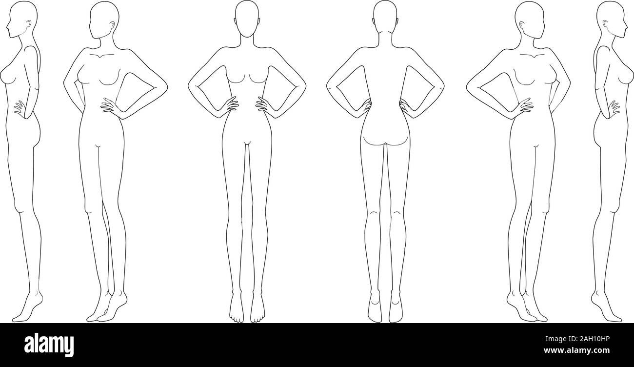 Modello di moda 9 testa per il disegno tecnico con le mani sul girovita. Donna di figura anteriore, posteriore, 3-4 e vista laterale. Profilo di vettore ragazza modello modello per schizzo di moda per illustrazione moda. Illustrazione Vettoriale