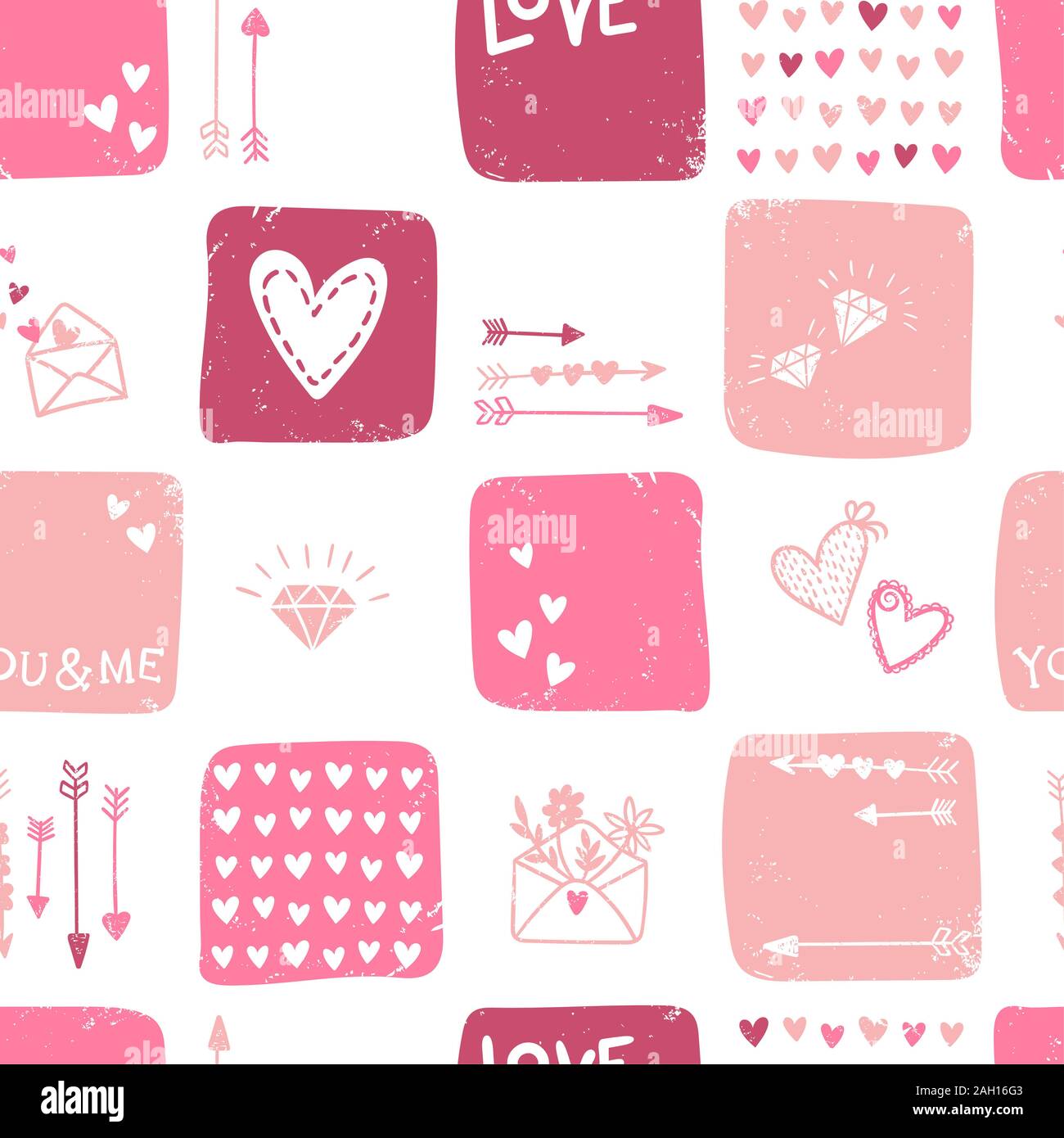 Carino disegnato a mano il giorno di San Valentino seamless pattern, scarabocchi romantico sfondo con cuori, frecce, diamanti e tipo - grande per i prodotti tessili, avvolgente, b Foto Stock