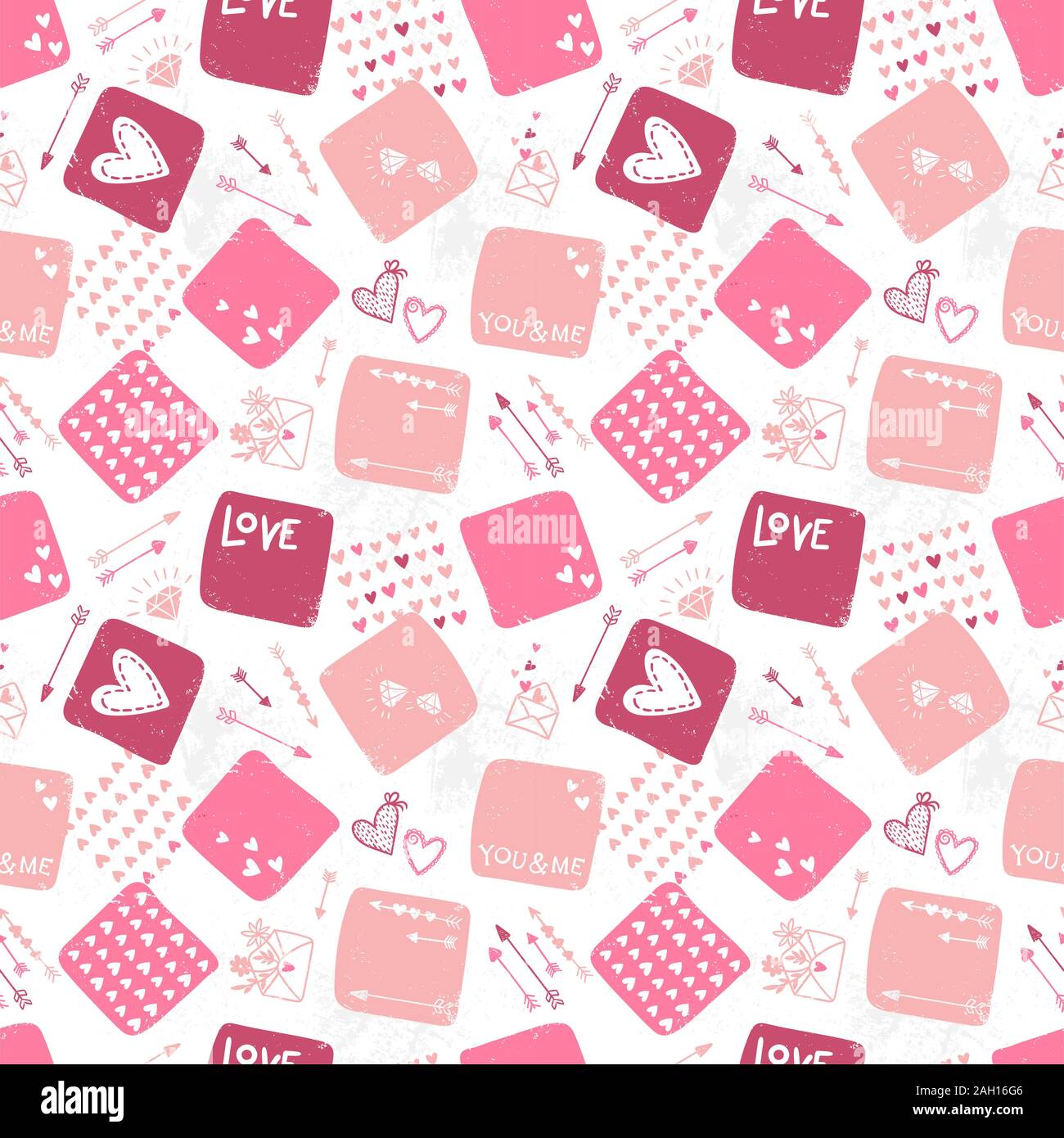Carino disegnato a mano il giorno di San Valentino seamless pattern, scarabocchi romantico sfondo con cuori, frecce, diamanti e tipo - grande per i prodotti tessili, avvolgente, b Foto Stock