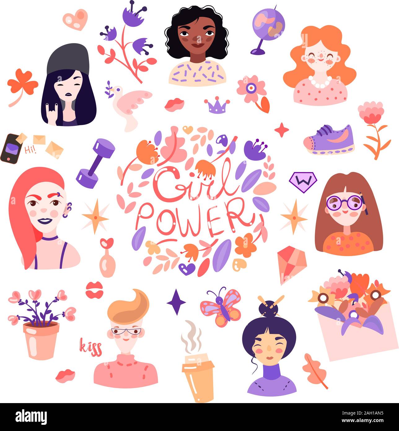 Femminista e Cute girl power illustrazione set. Ragazze ritratti, fiori, adesivi, dolci con decorazioni floreali. Cartoon carino feministic girl power Illustrazione Vettoriale
