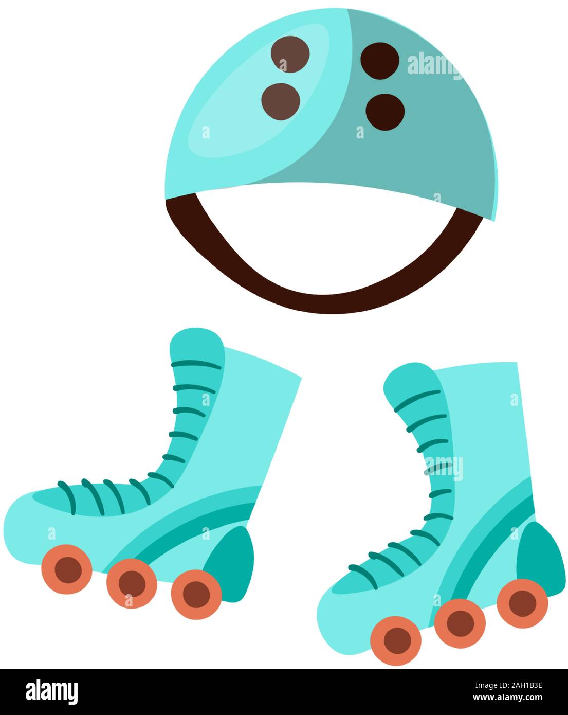 Bimbi sport roller skate e attrezzature - salva skate casco e rulli, colori blu, isolato su bianco in stile cartone animato Illustrazione Vettoriale