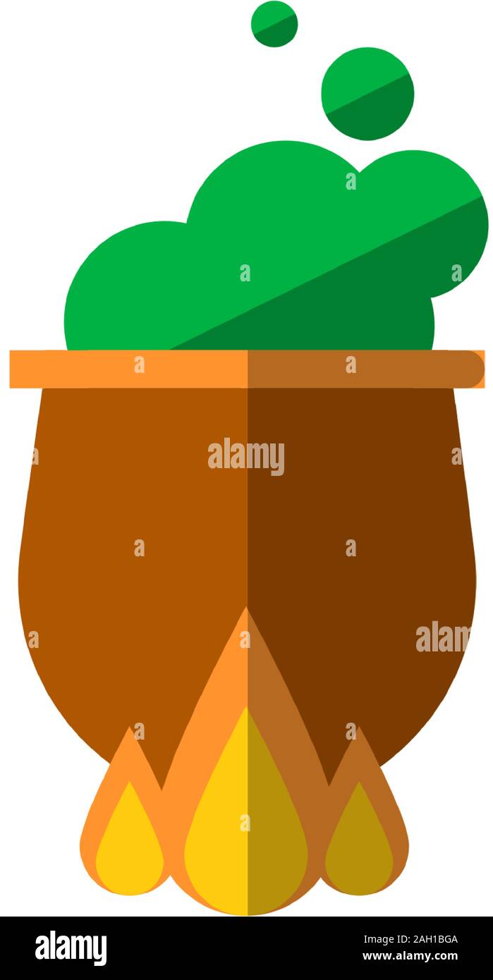 Calderone della strega con gorgogliamento di liquido verde isolato su sfondo bianco. Pozione magica. Simbolo di stregoneria. Dark calderone bollente su un falò Illustrazione Vettoriale