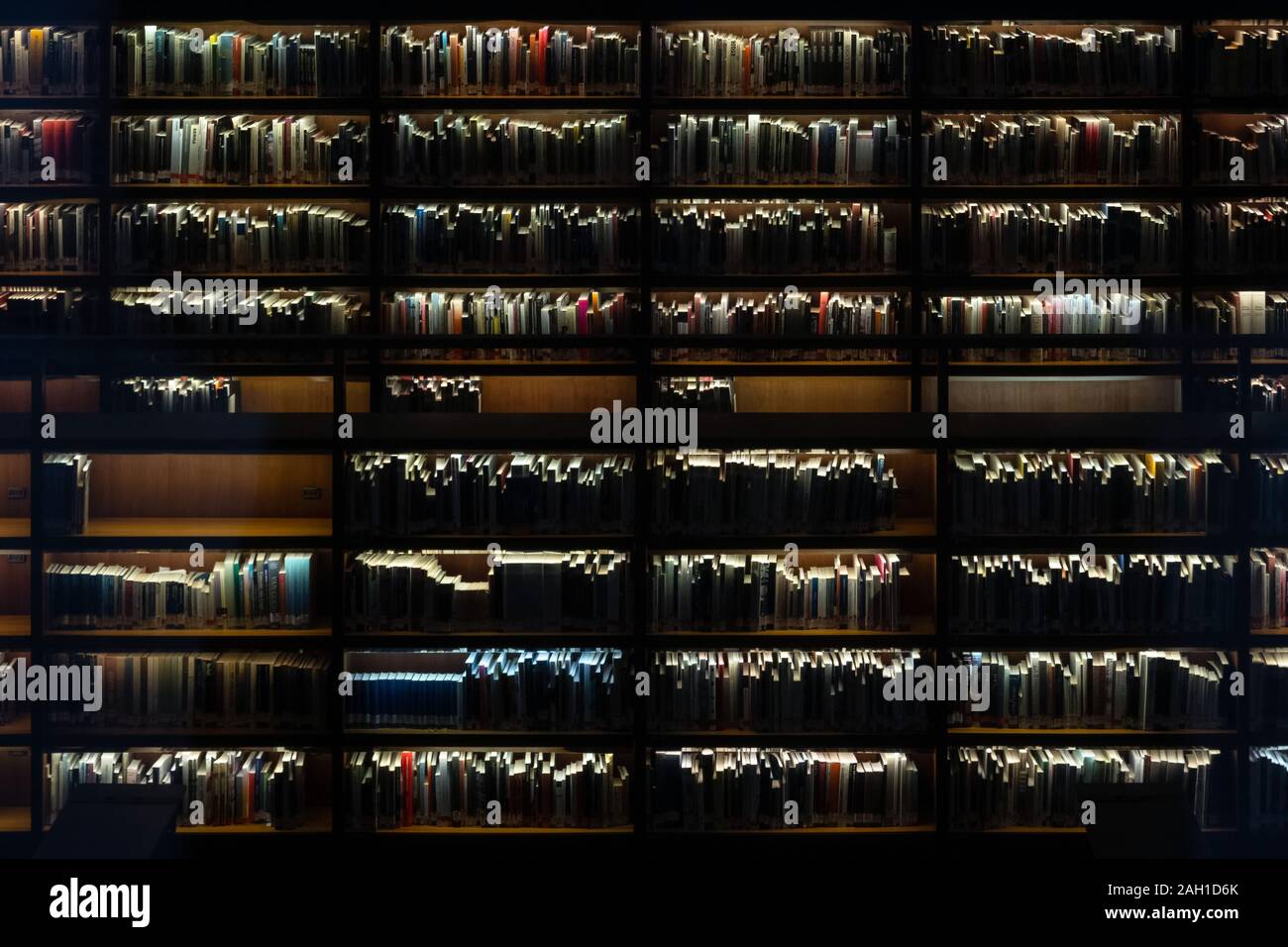 Libro scaffali di notte nella libreria. Pile di libri in una istituzione educativa. Pile di letteratura in scaffale degli studenti per lo studio Foto Stock