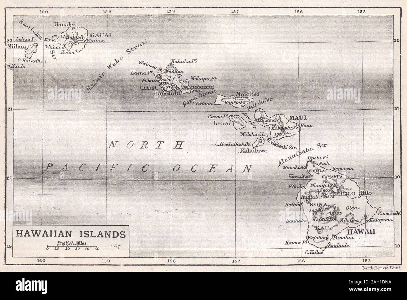 Vintage in bianco e nero mappa delle isole Hawaii Foto Stock