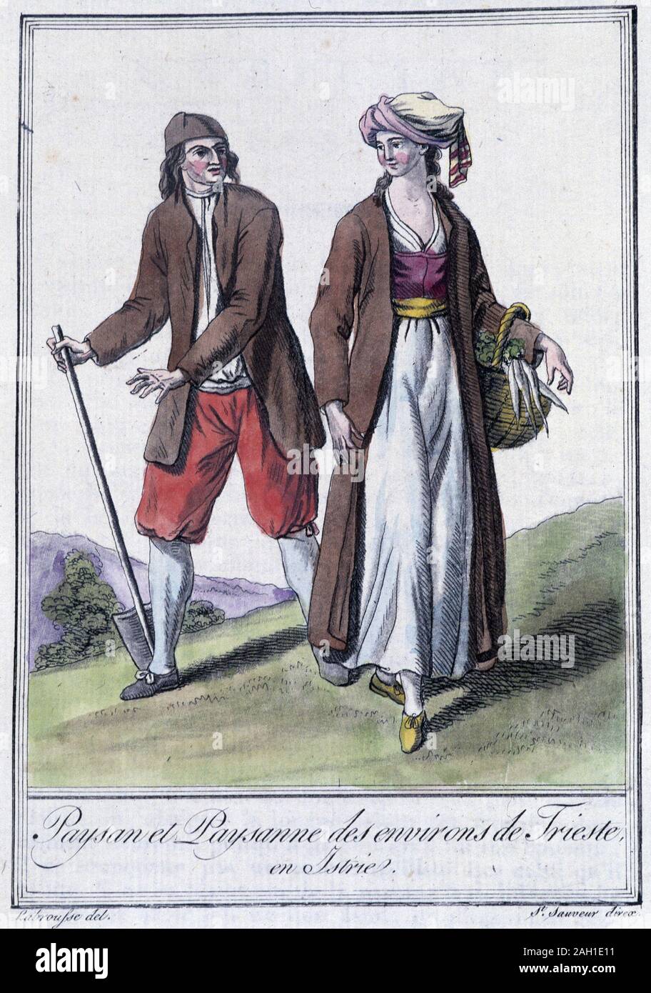 Paysan et paysanne des dintorni de Trieste, Italie, - in "Encyclopedie des voyages " par Grasset St Sauveur, Parigi, 1796. Foto Stock