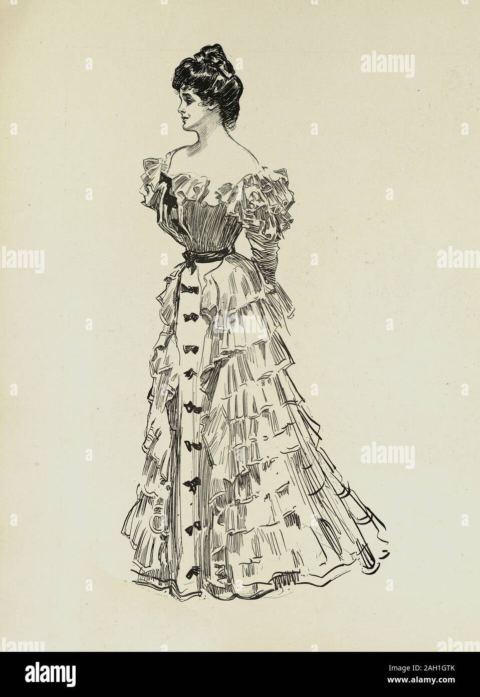 Una vedova e i suoi amici, Charles Dana Gibson. Tardo vittoriano o Edwardian ragazza in un abito da sera Foto Stock