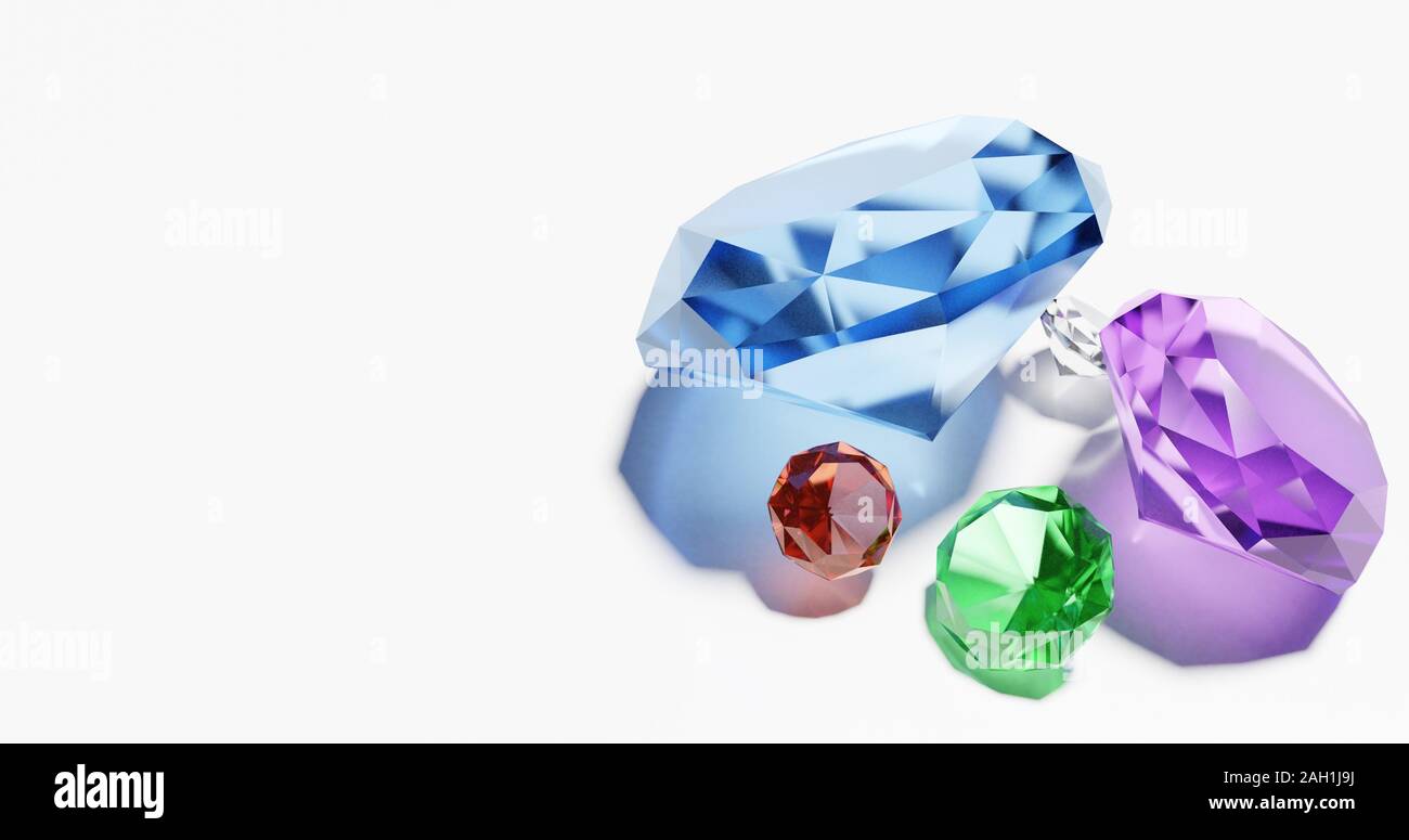 Diamanti colorati (rosso verde blu e viola) isolato su uno sfondo bianco con copia spazio. 3D illustrazione Foto Stock