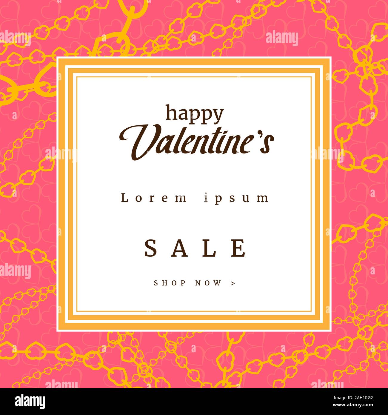 Felice il giorno di San Valentino offerta di vendita banner, poster o flyer design con cuore giallo catene sfondo rosa. Cornice quadrata. Romantico modello di pagina di intestazione. Illustrazione Vettoriale