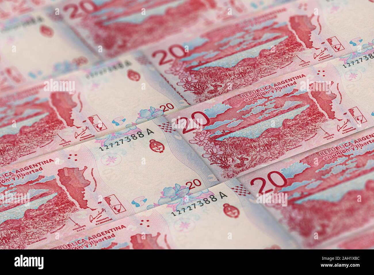 Closeup pesos argentini banconote dello sfondo. Modello di ARS. 20 pesos fotografia macro Foto Stock