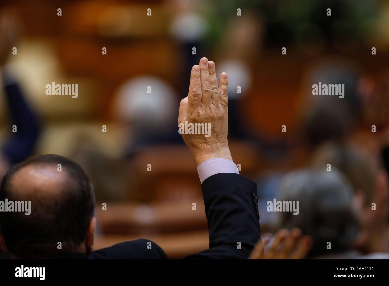 I membri del parlamento rumeno voto alzando le mani Foto Stock