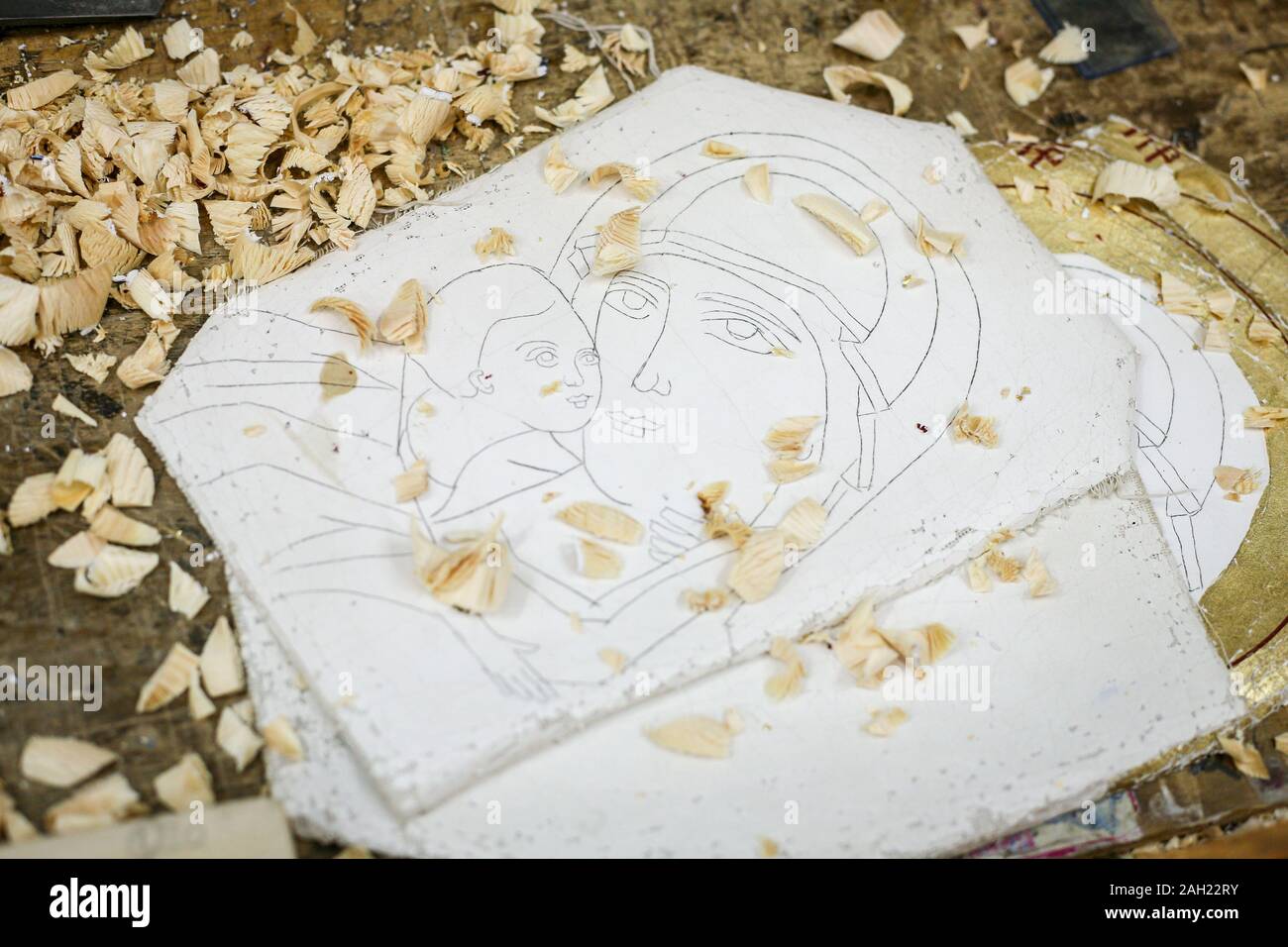 Kalabaka, Grecia - 18 maggio 2011: Lavori in corso: le icone in iconografia studio in Kalabaka, Trikala unità regionali, Grecia Foto Stock