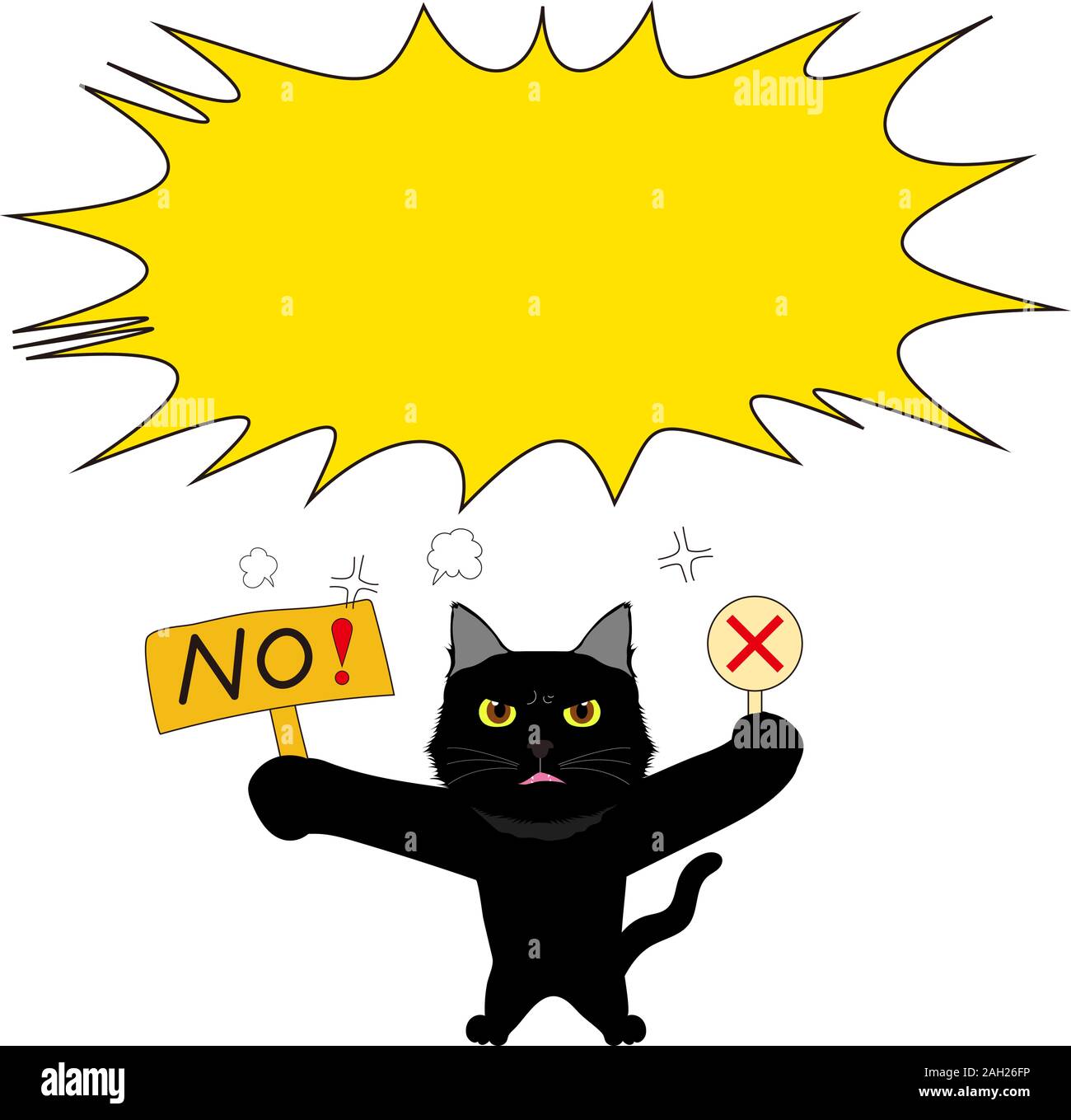 Discorso palloncino con gatto nero protestando Foto Stock