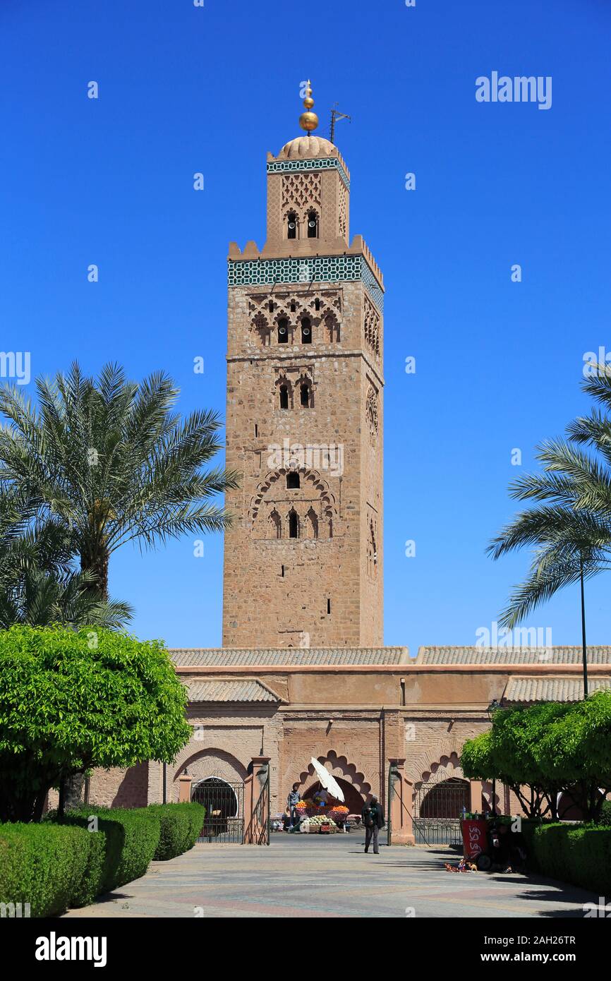 La Moschea di Koutoubia, minareto, del XII secolo, Marrakech, Marrakech, Marocco, Africa del Nord Foto Stock