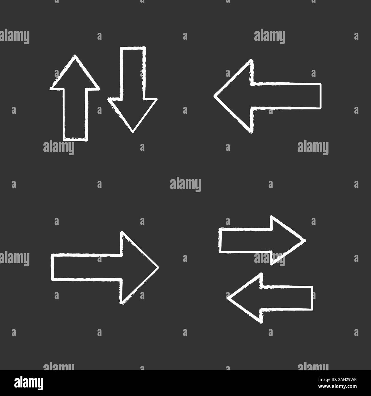 UI/UX chalk set di icone. Le frecce verticali e orizzontali, swap pulsanti Successivo e Precedente. Vettore isolato illustrazioni della lavagna Illustrazione Vettoriale