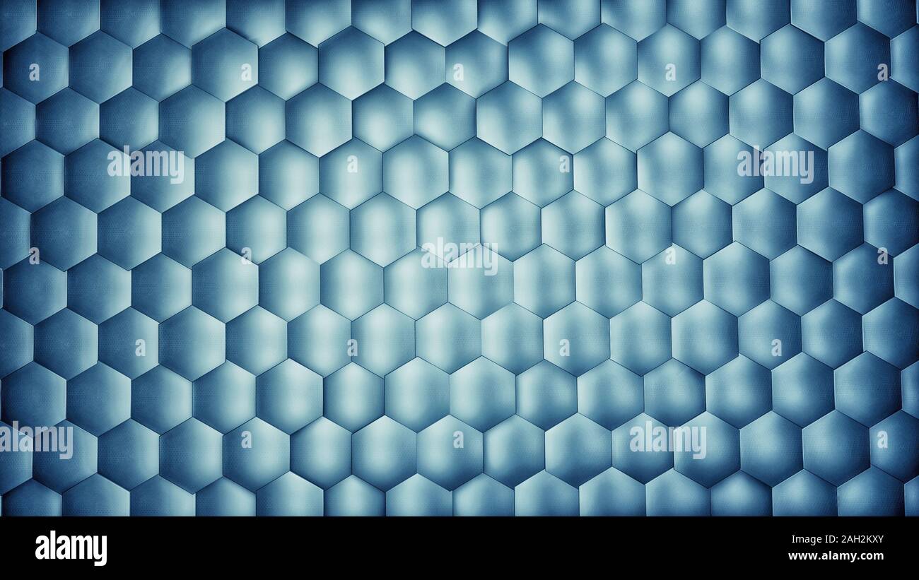 Abstract esagono blu con uno sfondo con texture metallica. La superficie poligonale. Il futuristico concetto tecnologico. Geometria esagonale pattern. Il rendering 3D. Foto Stock