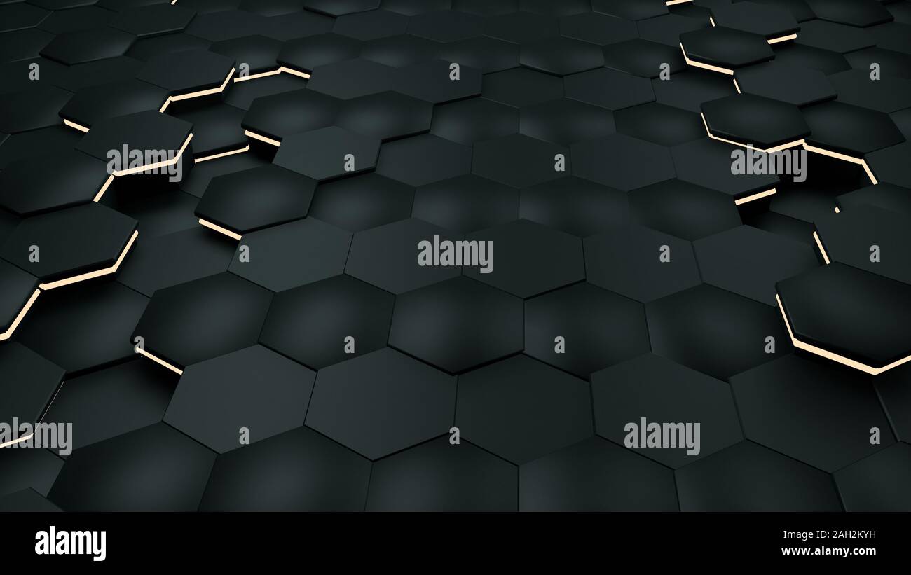 Abstract di nero sfondo esagonale con metallo di consistenza e di fulmine giallo. Poligonale della superficie scura. Il futuristico concetto tecnologico. Geometria esagonale pattern Foto Stock