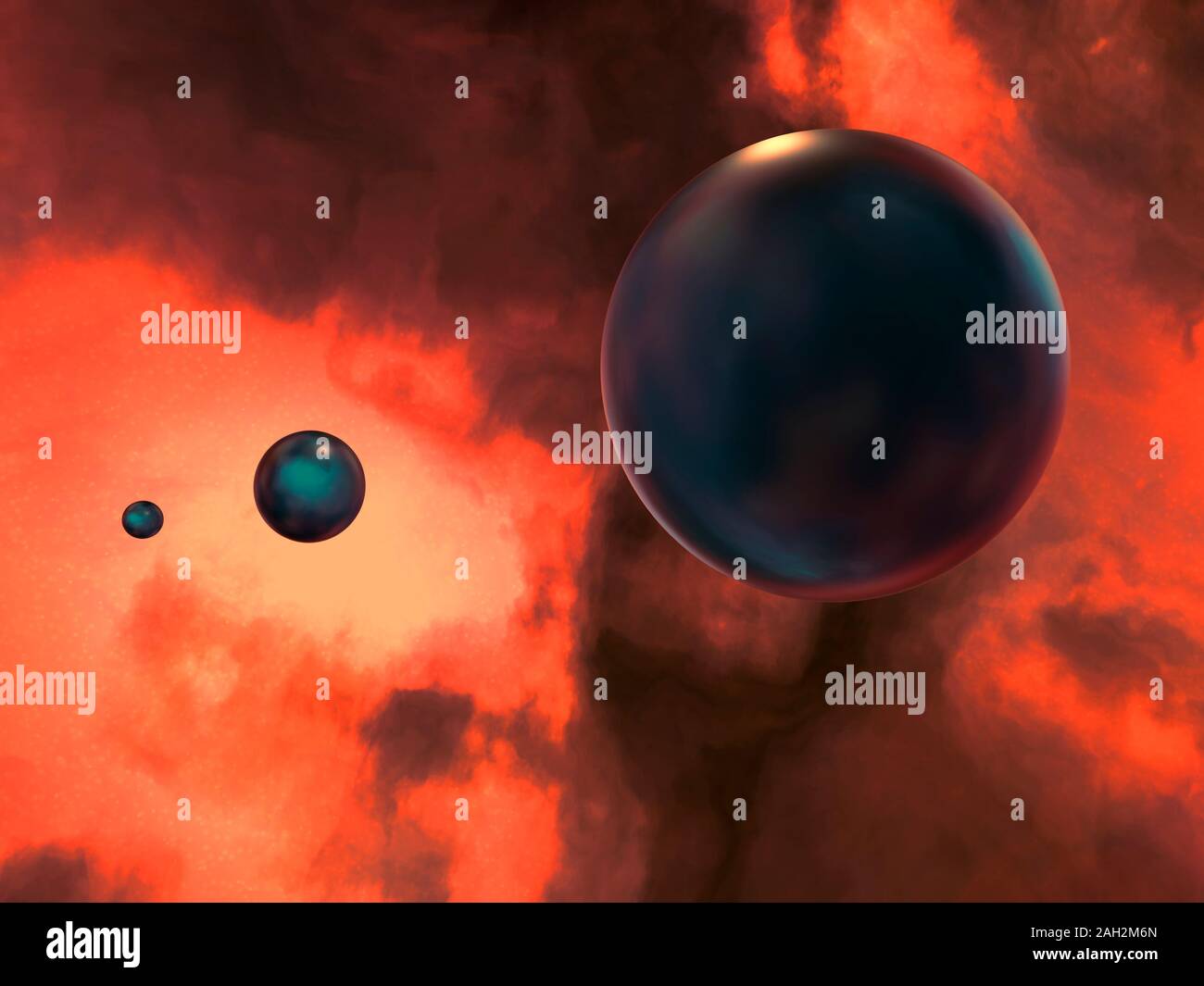 Illustrazione Digitale delle tre sfere scure nella parte anteriore di uno spazio astratto dello sfondo. Foto Stock