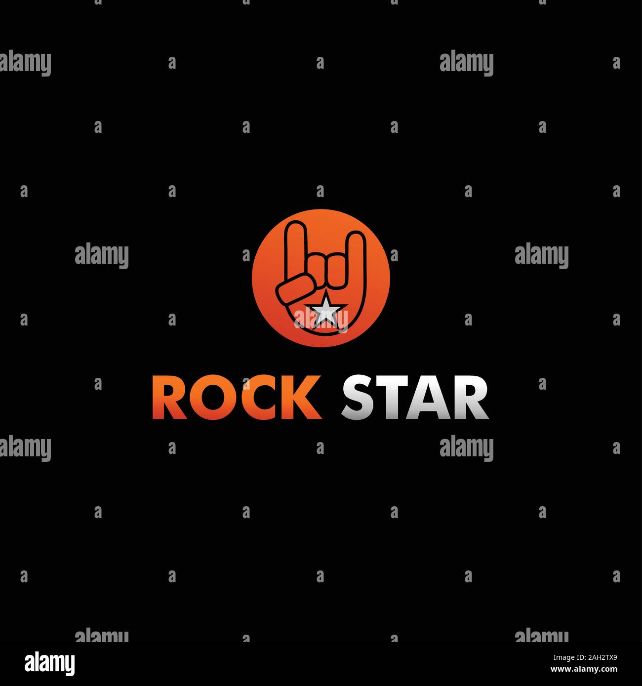 Rock Star Logo Design Template, metallo a mano il concetto di segno, Nero, Arancione, Bianco, ellisse, forma arrotondata, vettore Illustrazione Vettoriale