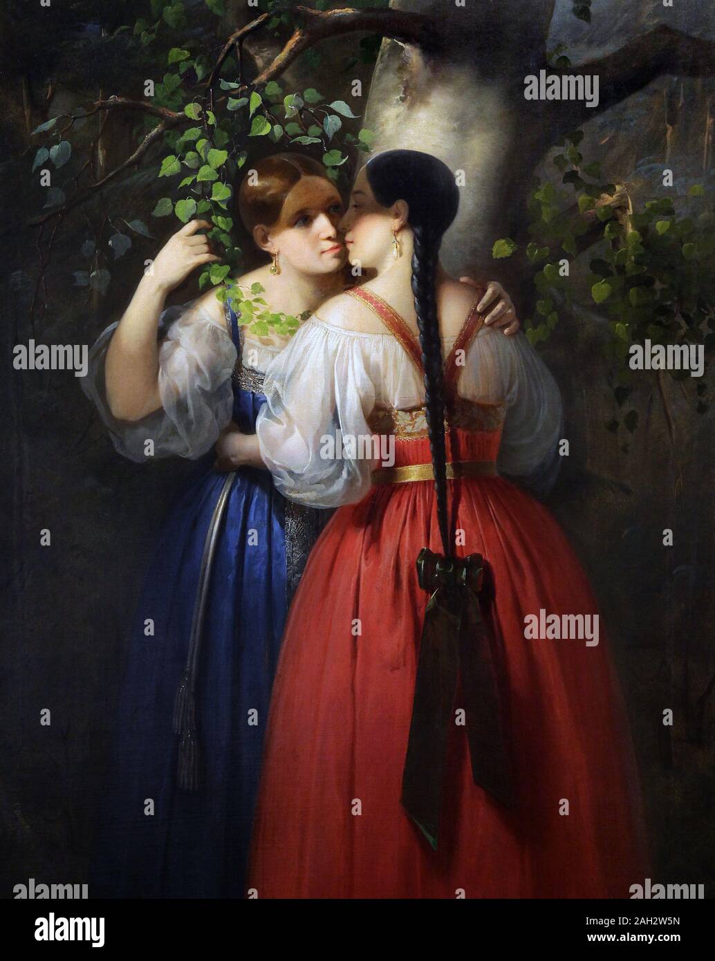 Due ragazze su Semik giorno dal pittore russo Dmitry Osipov (1831-dopo il 1868) verde Svyatki (Semik) celebrata in Russia il settimo giovedì dopo Pasqua Foto Stock