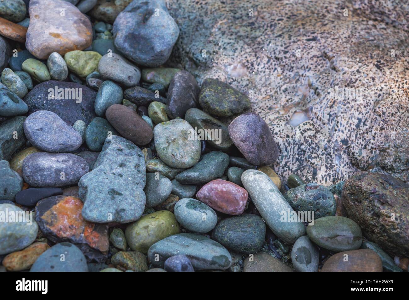 Ciotoli arrotondati di diversi colori sulla banca del fiume Lidder nel Kashmir Foto Stock
