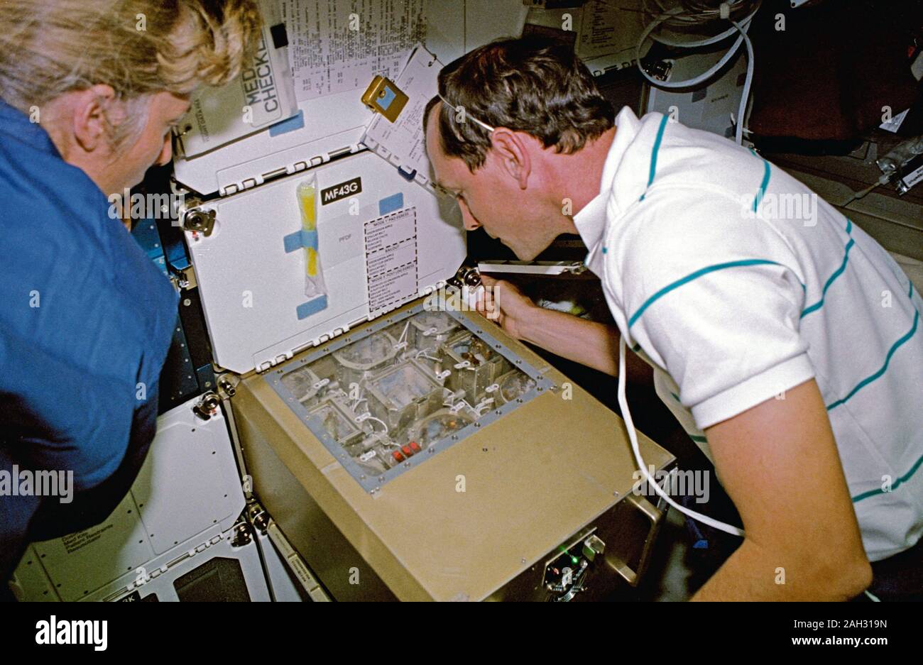 (12 - 20 settembre 1992) --- Gli astronauti Jan Davis, lo specialista di missione e Curtis Brown Jr., pilota, di sorvegliare lo stato di avanzamento di alcuni dei 180 femmina calabroni orientali a bordo della navetta spaziale Endeavour. Foto Stock