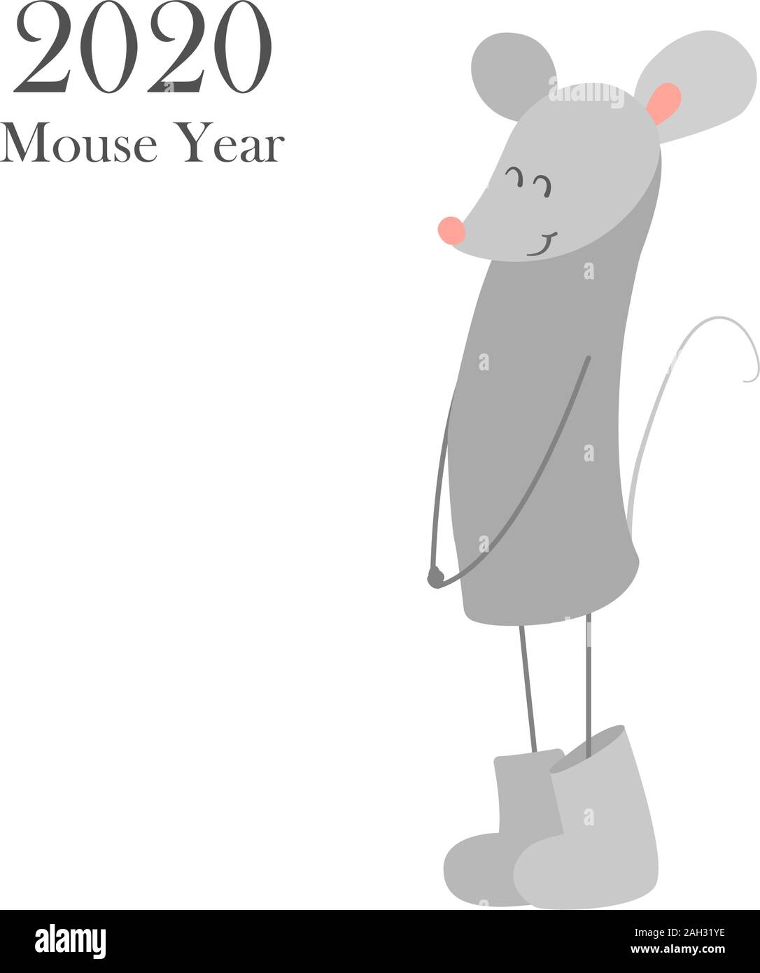 Simbolo del nuovo anno cinese 2020. Rat. Funny sorridenti mouse in stivali di feltro. Illustrazione di vettore isolato su bianco. Banner, poster concetto. Calendario Illustrazione Vettoriale