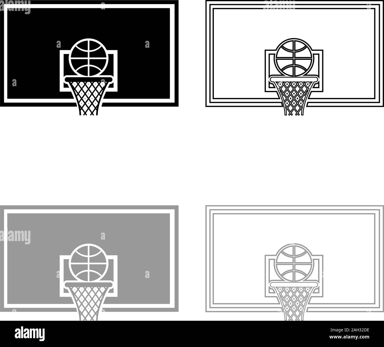 Basketball hoop e lavagna a sfera e cestello a griglia icona set di contorno nero colore grigio illustrazione vettoriale stile piatto semplice immagine Illustrazione Vettoriale