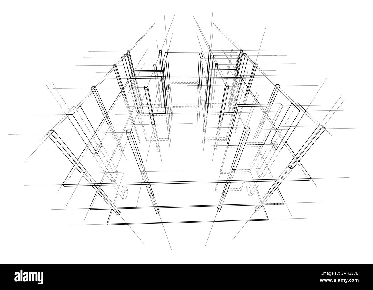 Disegno o schizzo di una casa in costruzione. Sito in costruzione. Linea principale, torna il contorno e le tubazioni ausiliarie. Il vettore costituito da 3d. Illustrazione Vettoriale