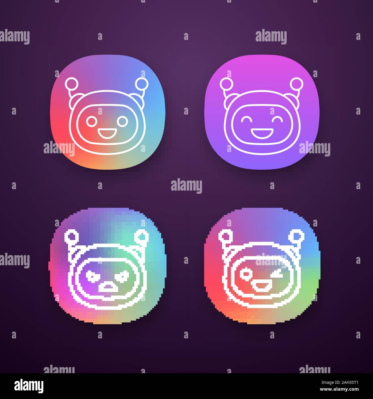 Robot emojis app set di icone. Chatbot emoticon. Ridendo, felice, arrabbiato, winky bot chat faccine. Intelligenza artificiale. UI/UX interfaccia utente. Web o m Illustrazione Vettoriale
