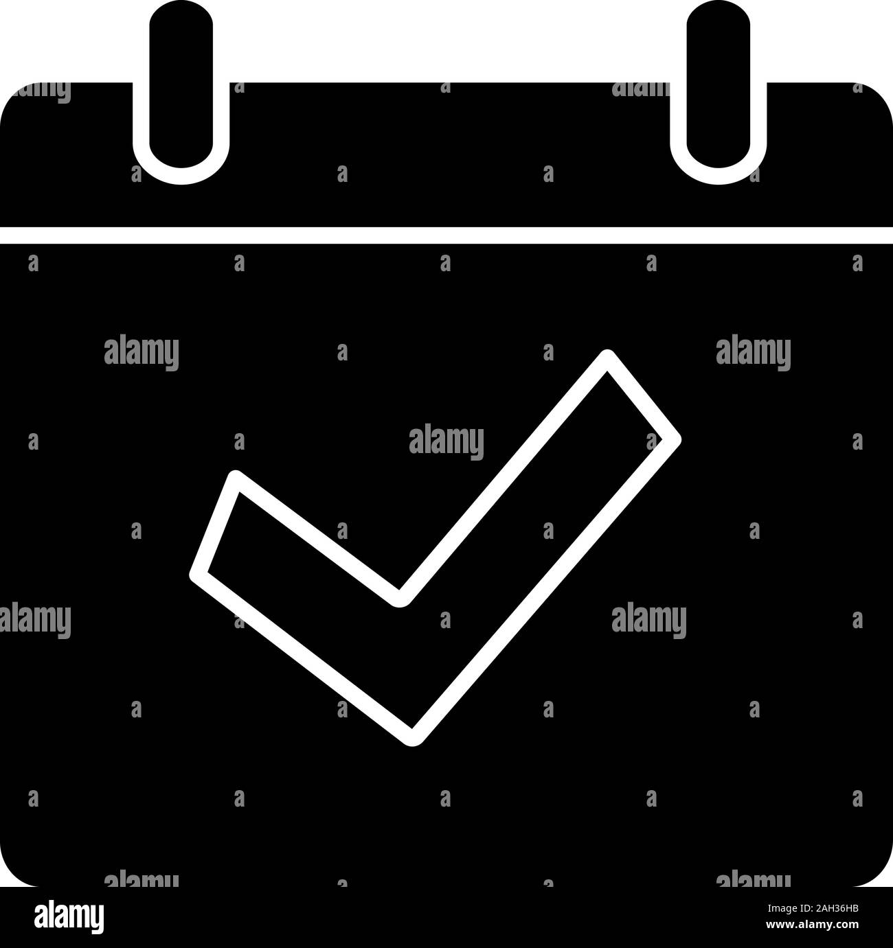 Eventi disponibili icona glyph. Pagina del calendario con il segno di spunta. Pianificazione. Completato il giorno. Simbolo di Silhouette. Lo spazio negativo. Vettore illustrazione isolato Illustrazione Vettoriale