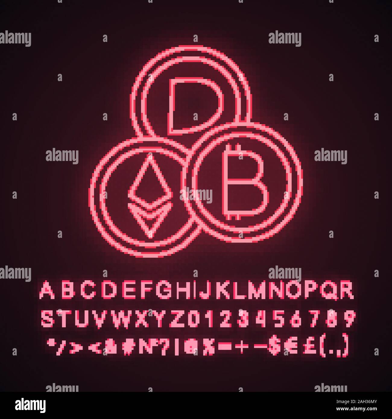 Cryptocurrency luce al neon icona. Denaro digitale. E-payment. Crypto valuta. Bitcoin, Ethereum, Dash. E-denaro. Segno incandescente con alfabeto, numeri e s Illustrazione Vettoriale