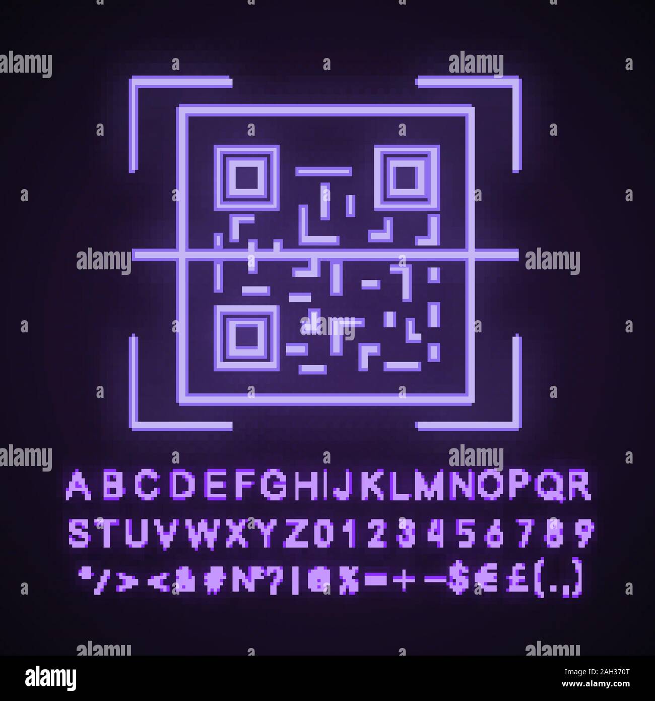 Codice QR scanner luce al neon icona. Risposta rapida codice. Matrice di scansione di codici a barre app. Segno incandescente con alfabeto, numeri e simboli. Il vettore isolato il Illustrazione Vettoriale