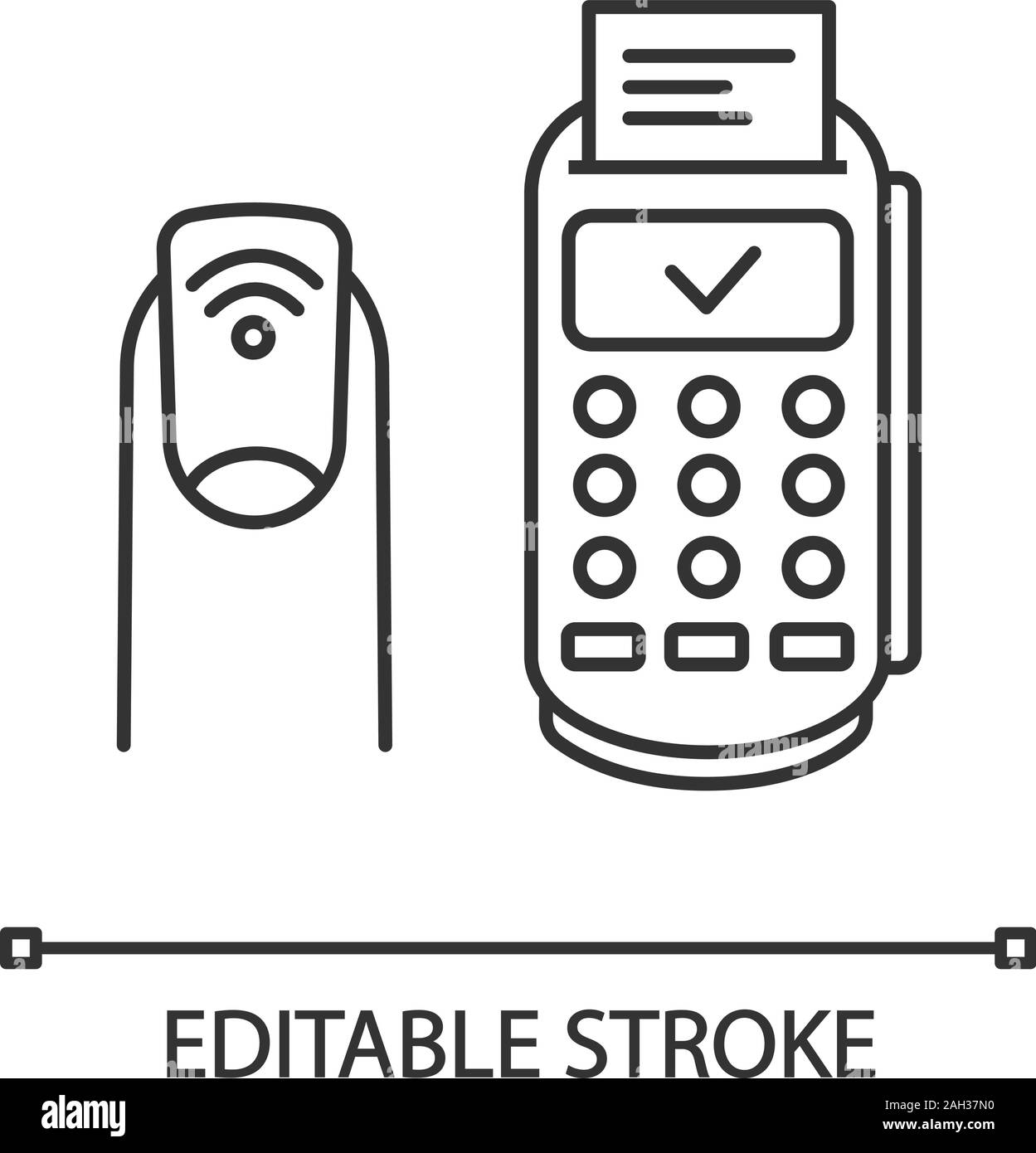 NFC manicure icona lineare. Campo vicino, unghia e terminale di pagamento. Etichetta RFID sul chiodo. Linea sottile illustrazione. Chiodo tag NFC. Simbolo di contorno. Vect Illustrazione Vettoriale