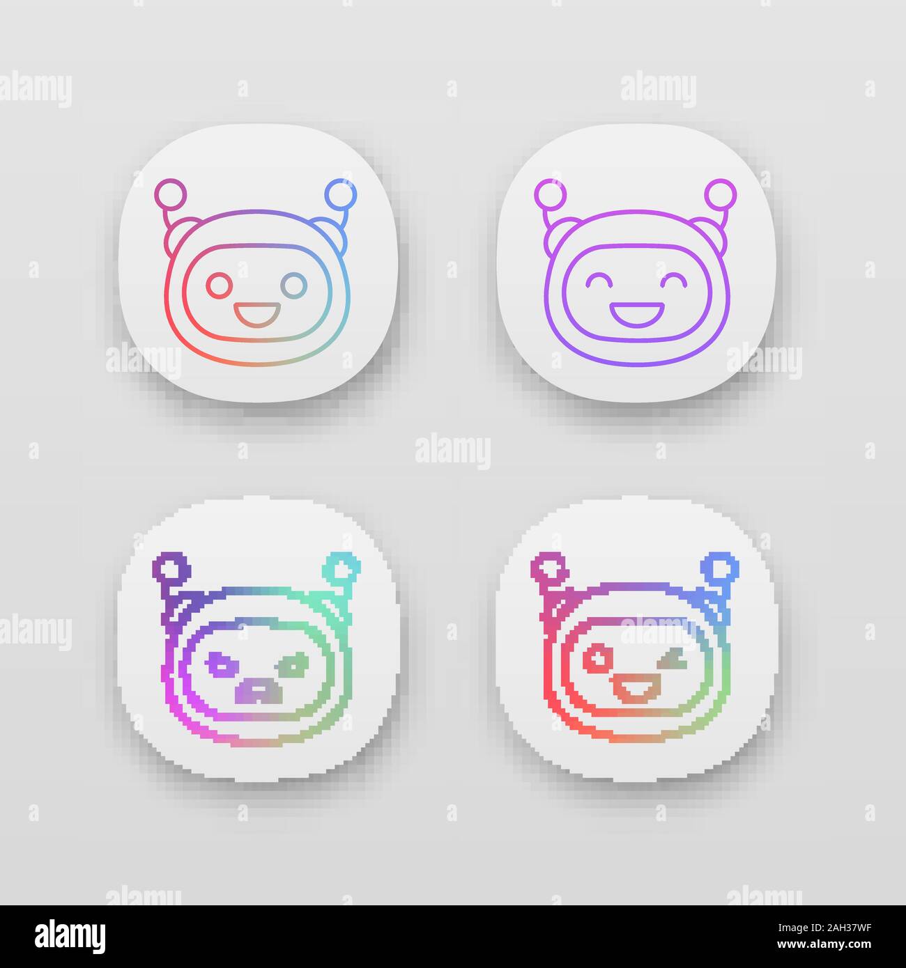 Robot emojis app set di icone. Chatbot emoticon. Ridendo, felice, arrabbiato, winky bot chat faccine. Intelligenza artificiale. UI/UX interfaccia utente. Web o m Illustrazione Vettoriale