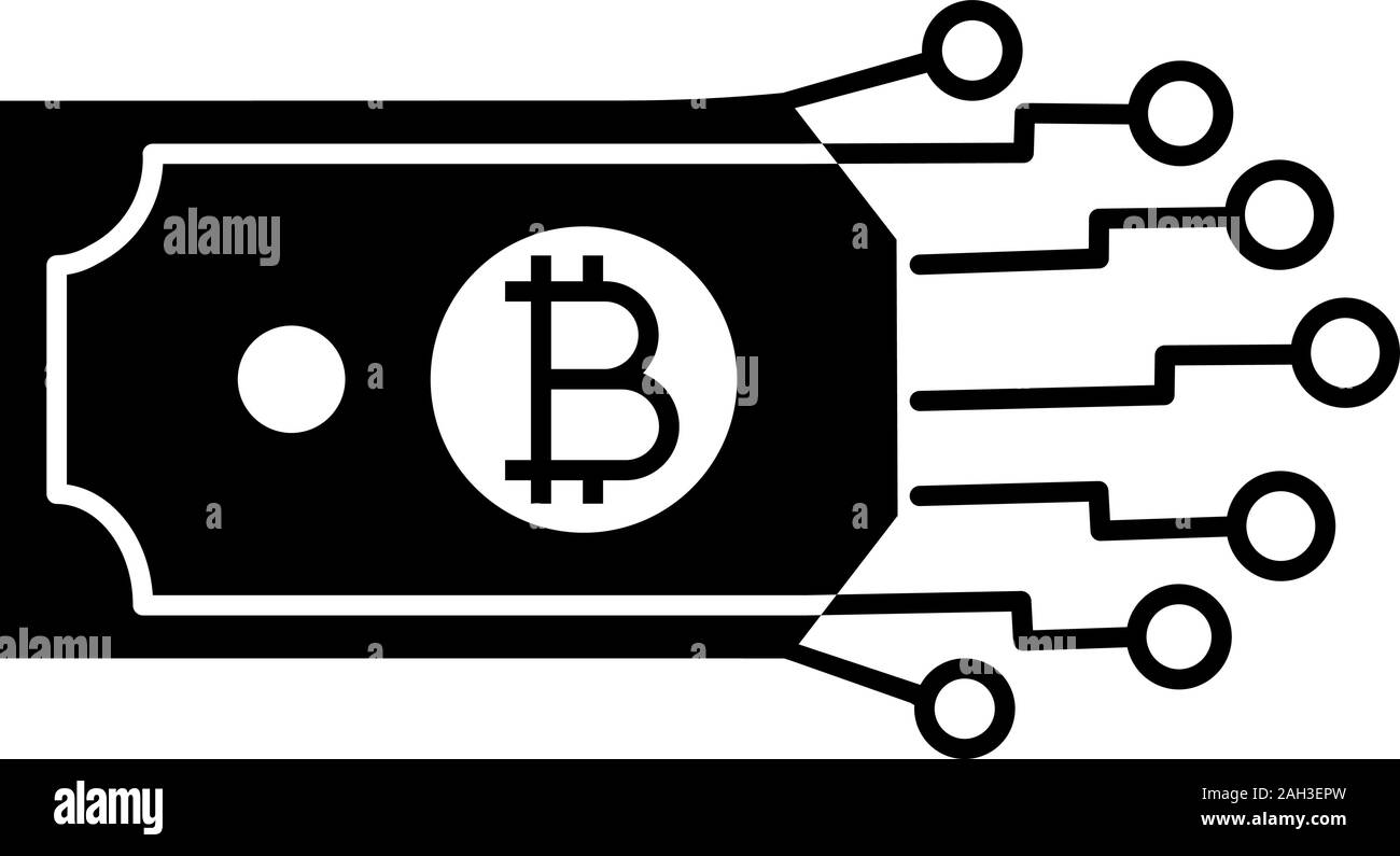 Denaro digitale icona glyph. Bitcoin. Cryptocurrency. E-payment. Simbolo di Silhouette. La carta moneta con percorso di chipset. Crypto valuta. E-denaro. Negativo Illustrazione Vettoriale