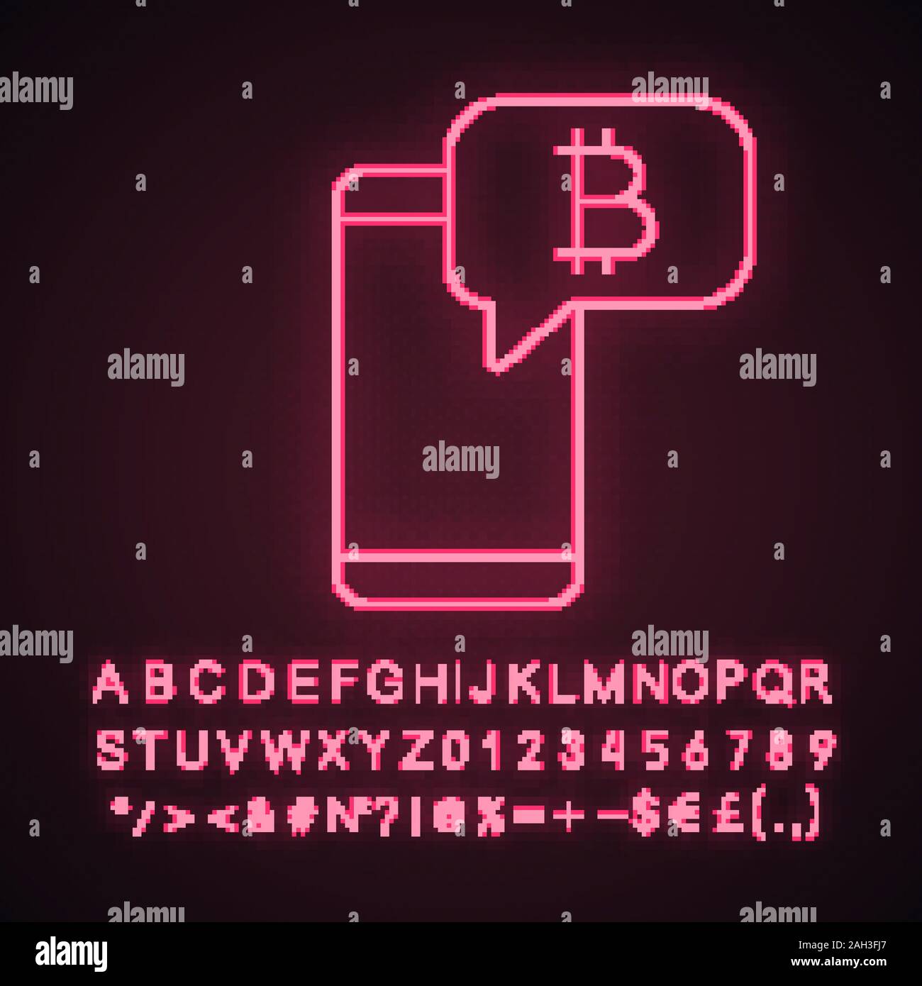 Bitcoin chat luce al neon icona. Forum Cryptocurrency. Smartphone con bitcoin segno dentro discorso bolla. Valuta Crypto news. Segno incandescente con alphabe Illustrazione Vettoriale