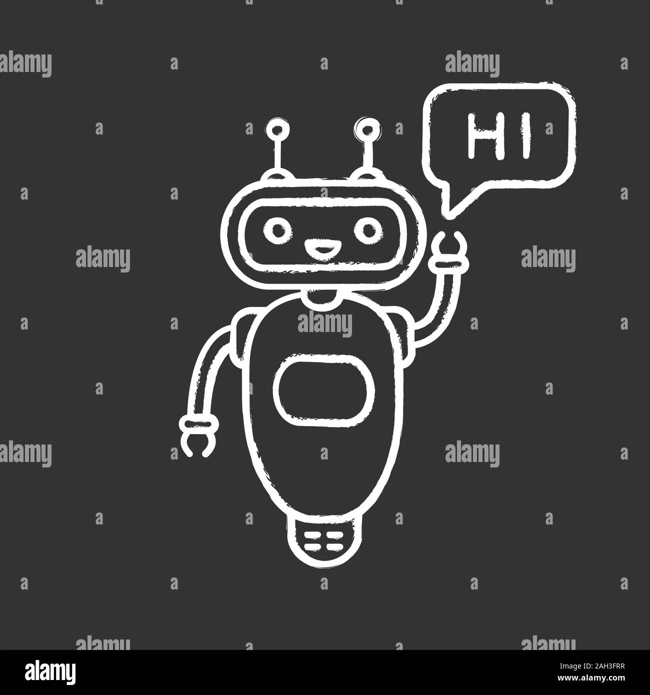 Chatbot dicendo hi chalk icona. Saluto Talkbot utente. Assistente virtuale. Helper online. Moderno robot. Vettore isolato illustrazione della lavagna Illustrazione Vettoriale