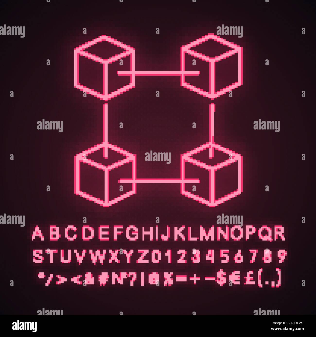 Tecnologia Blockchain luce al neon icona. Dati di grandi dimensioni. Cryptocurrency. Fintech. Segno incandescente con alfabeto, numeri e simboli. L'E-commerce. I cubi collegati Illustrazione Vettoriale