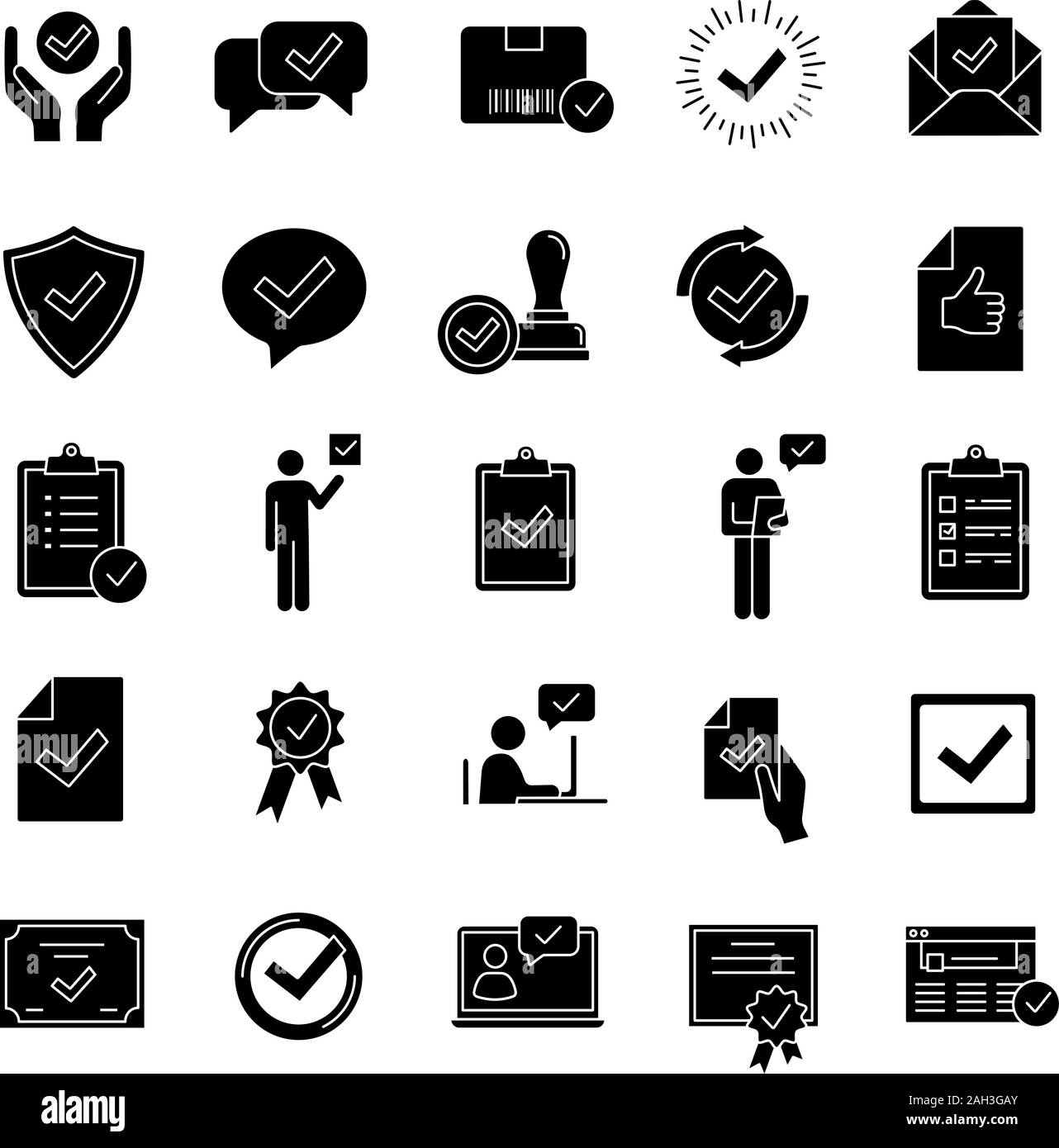 Approvare glifo set di icone. La garanzia di qualità. Verifica e convalida. La conferma. Certificati, awards, qualità i badge con i segni di spunta. Silhouett Illustrazione Vettoriale