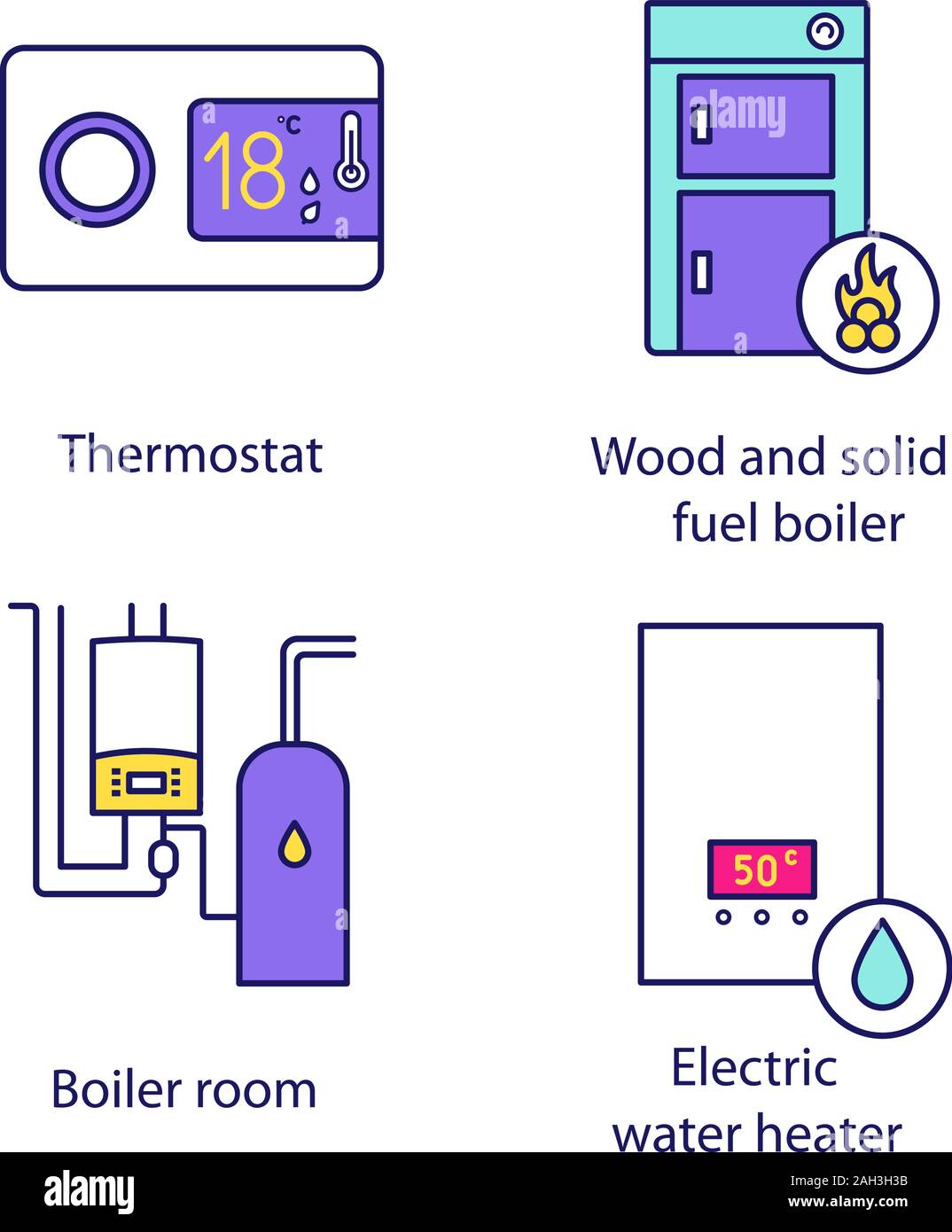 Riscaldamento icone di colore impostato. Termostato digitale, combustibile solido caldaia, locale caldaia, scaldabagno elettrico. Isolato illustrazioni vettoriali Illustrazione Vettoriale