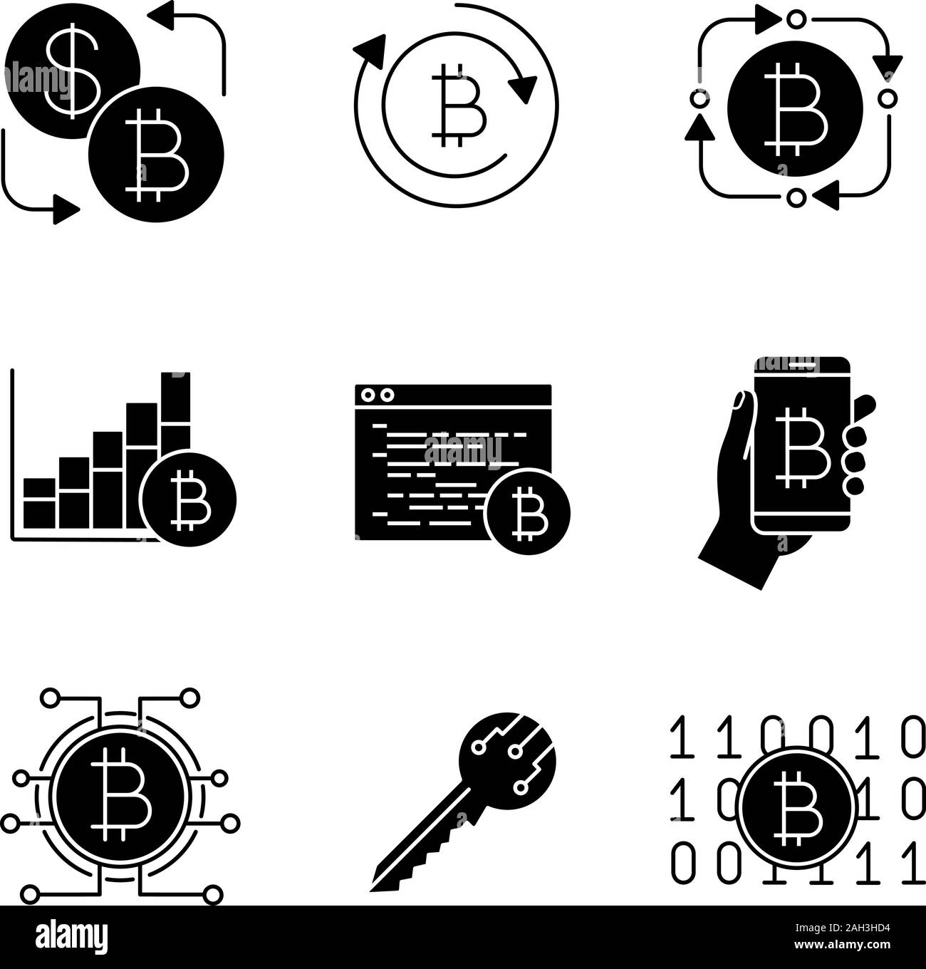 Bitcoin cryptocurrency glifo set di icone. Bitcoin exchange, fintech, la crescita del mercato grafico, il software di data mining, digital wallet, chiave, codice binario. Silhouette Illustrazione Vettoriale