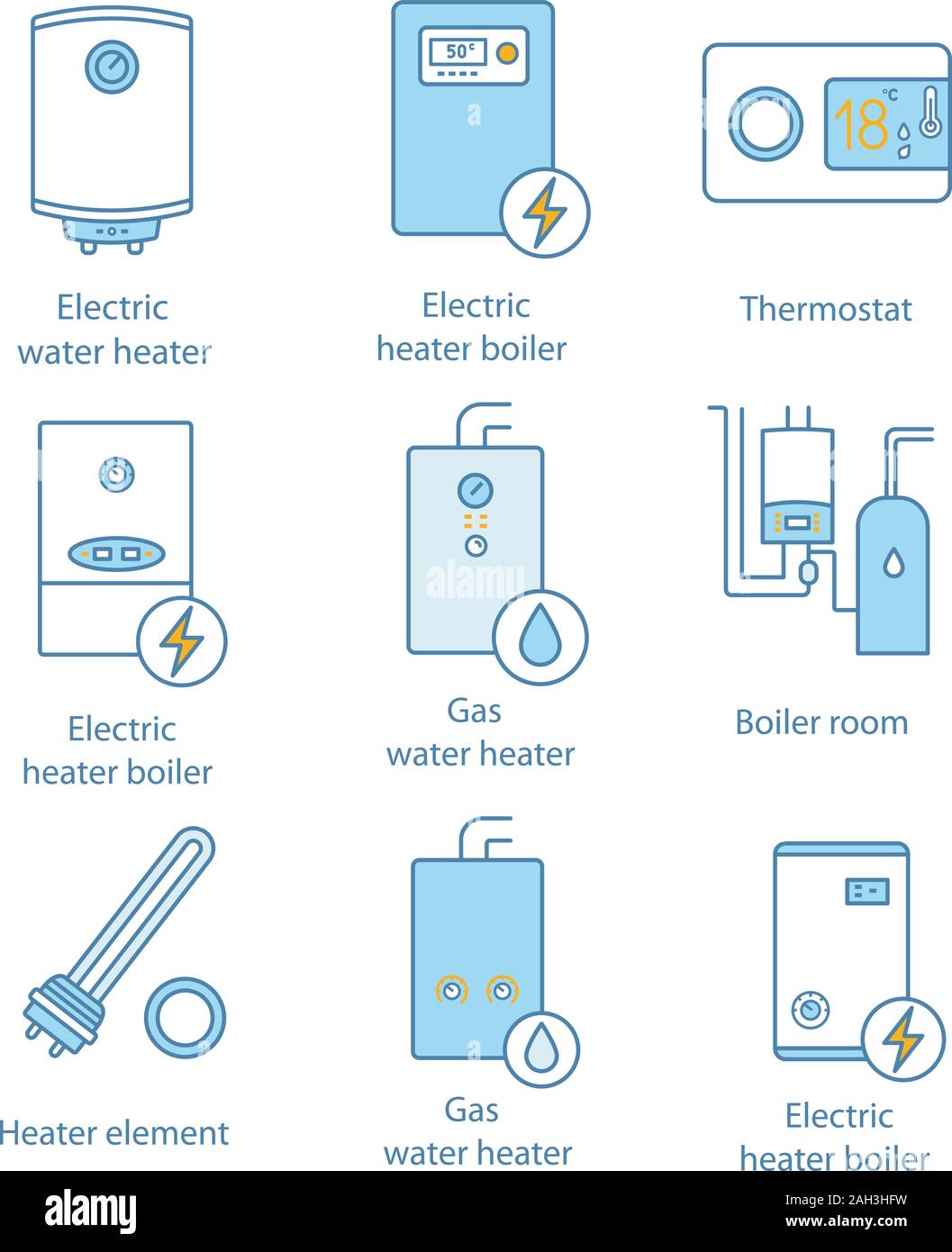 Riscaldamento icone di colore impostato. Caldaie e riscaldatori,  termostato, locale caldaia. Gas e scaldabagno elettrico. Commerciale,  Industriale e riscaldamento domestico Immagine e Vettoriale - Alamy