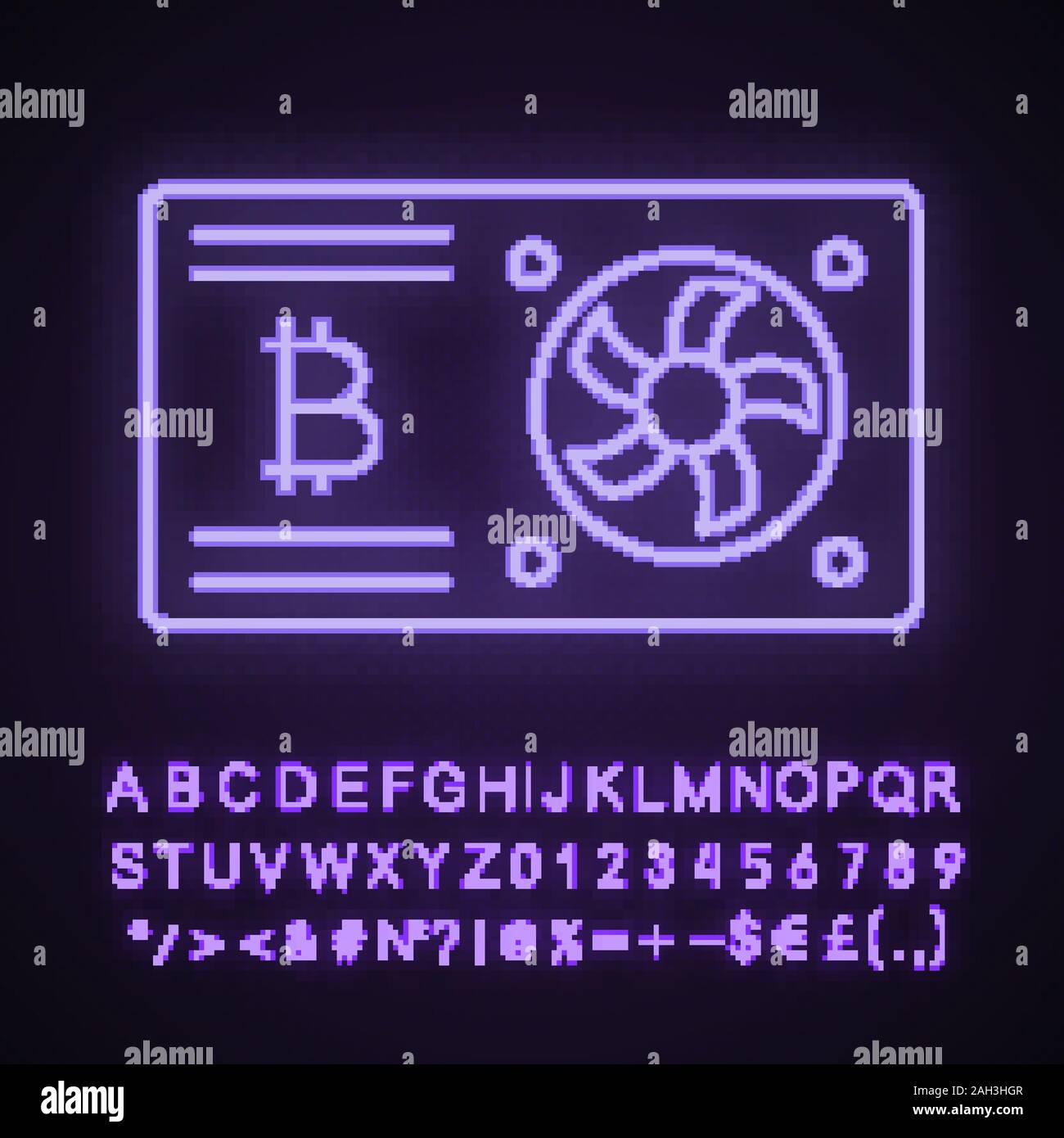 Bitcoin mining scheda grafica luce al neon icona. Scheda video per crypto business. Gpu Cryptocurrency mining farm. Segno incandescente con alfabeto, numeri e s Illustrazione Vettoriale