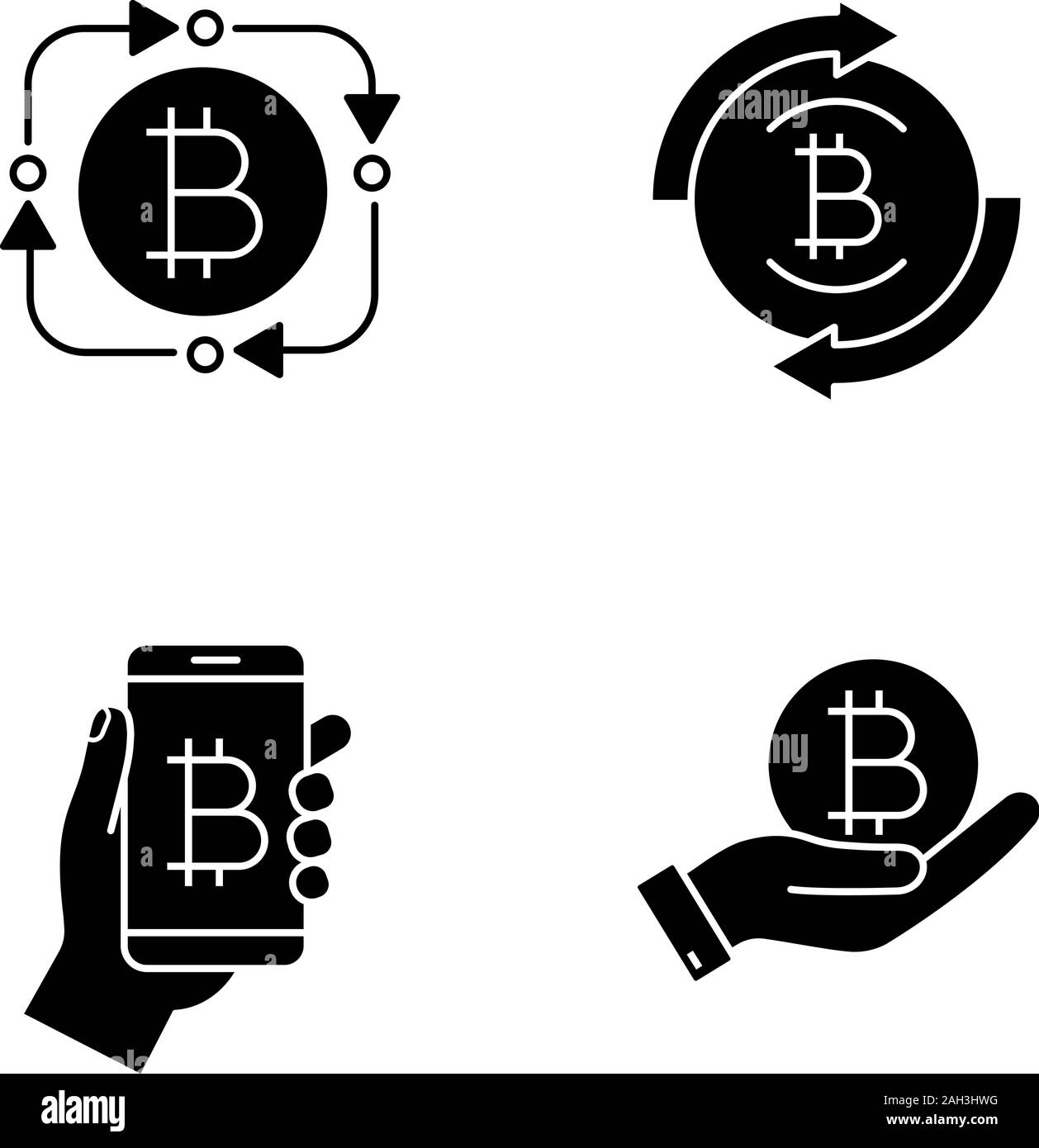 Bitcoin cryptocurrency glifo set di icone. Fintech, bitcoin restituzione, digital wallet, coin in mano. Simboli di Silhouette. Vettore illustrazione isolato Illustrazione Vettoriale