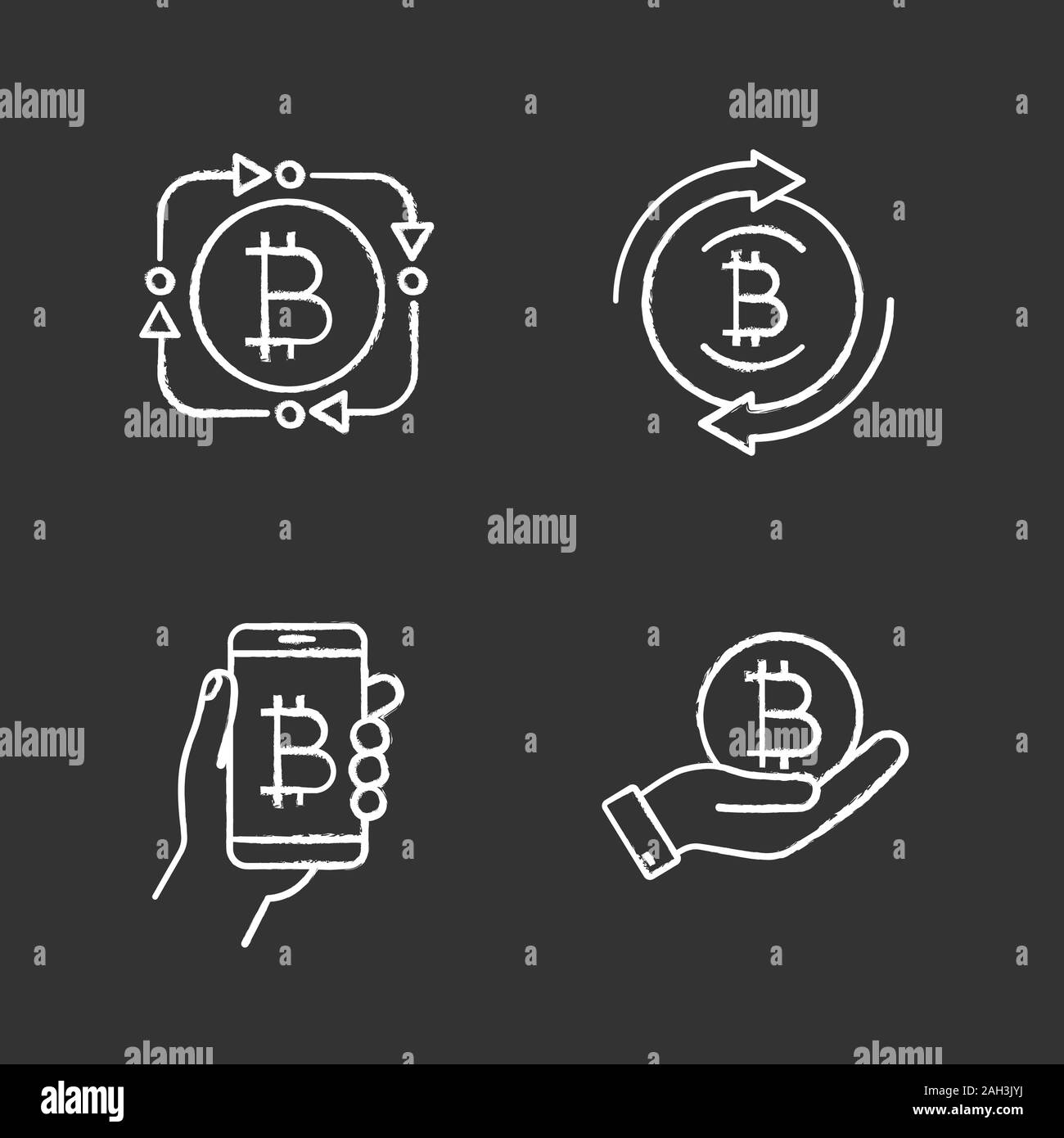 Bitcoin cryptocurrency chalk set di icone. Fintech, bitcoin restituzione, digital wallet, coin in mano. Vettore isolato illustrazioni della lavagna Illustrazione Vettoriale